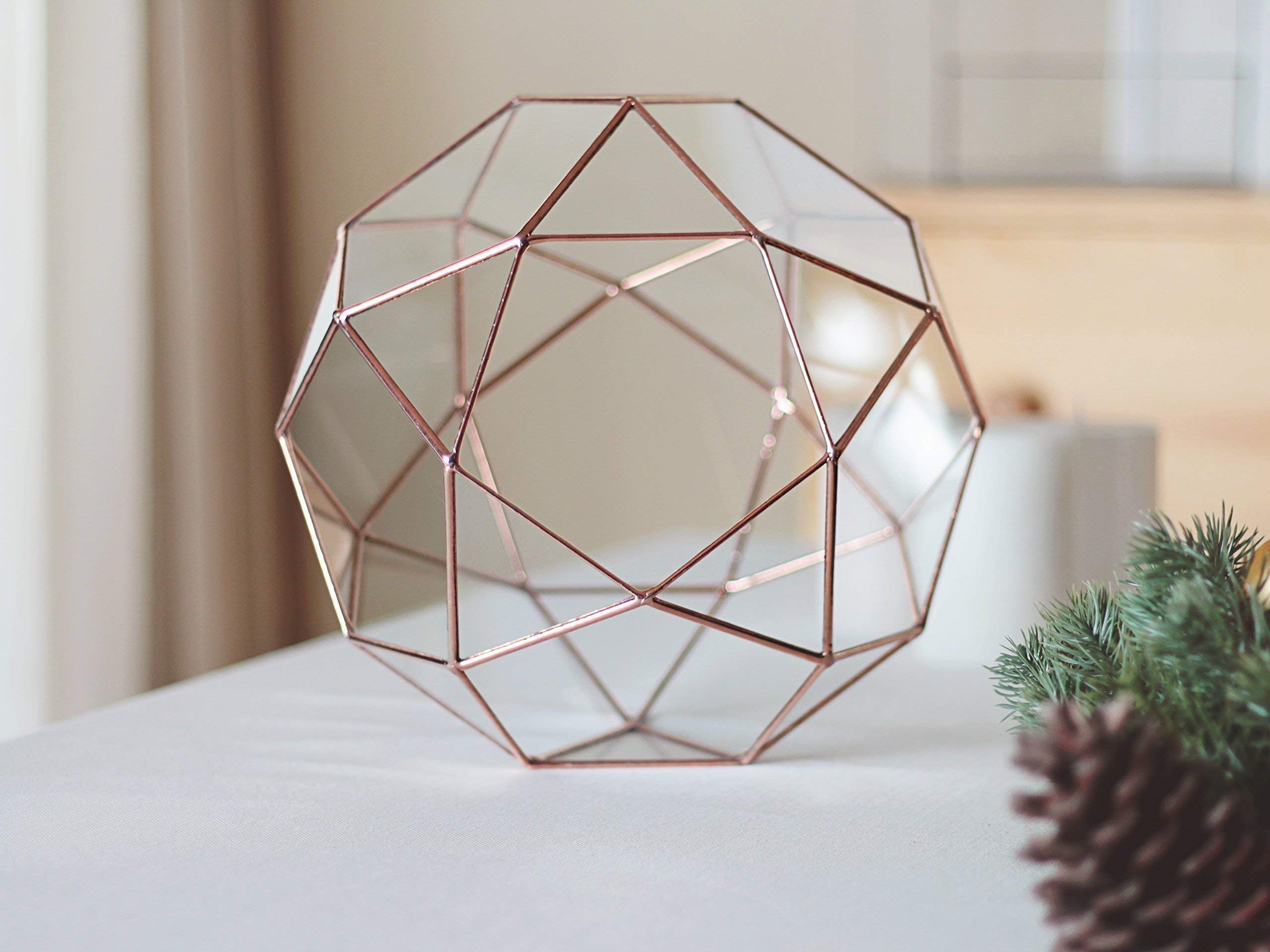 Geometric Glass Terrarium Planter for Indoor Plants - Large Icosidodecahedron Shape in Copper, Silver & Black - Modern Home & Office Decor for Succulents, Air Plants & Mini Gardens
