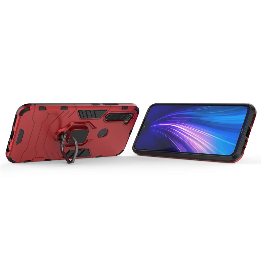 LuluMain Shockproof Hard Bumper Case for Xiaomi Redmi Note 8 - Compatible with Magnetic Car Mount, Metal Ring Grip & Kickstand | Dual Layer Rugged Protective Cover (Red) | Perfect for Outdoor Activities, Travel & Daily Use