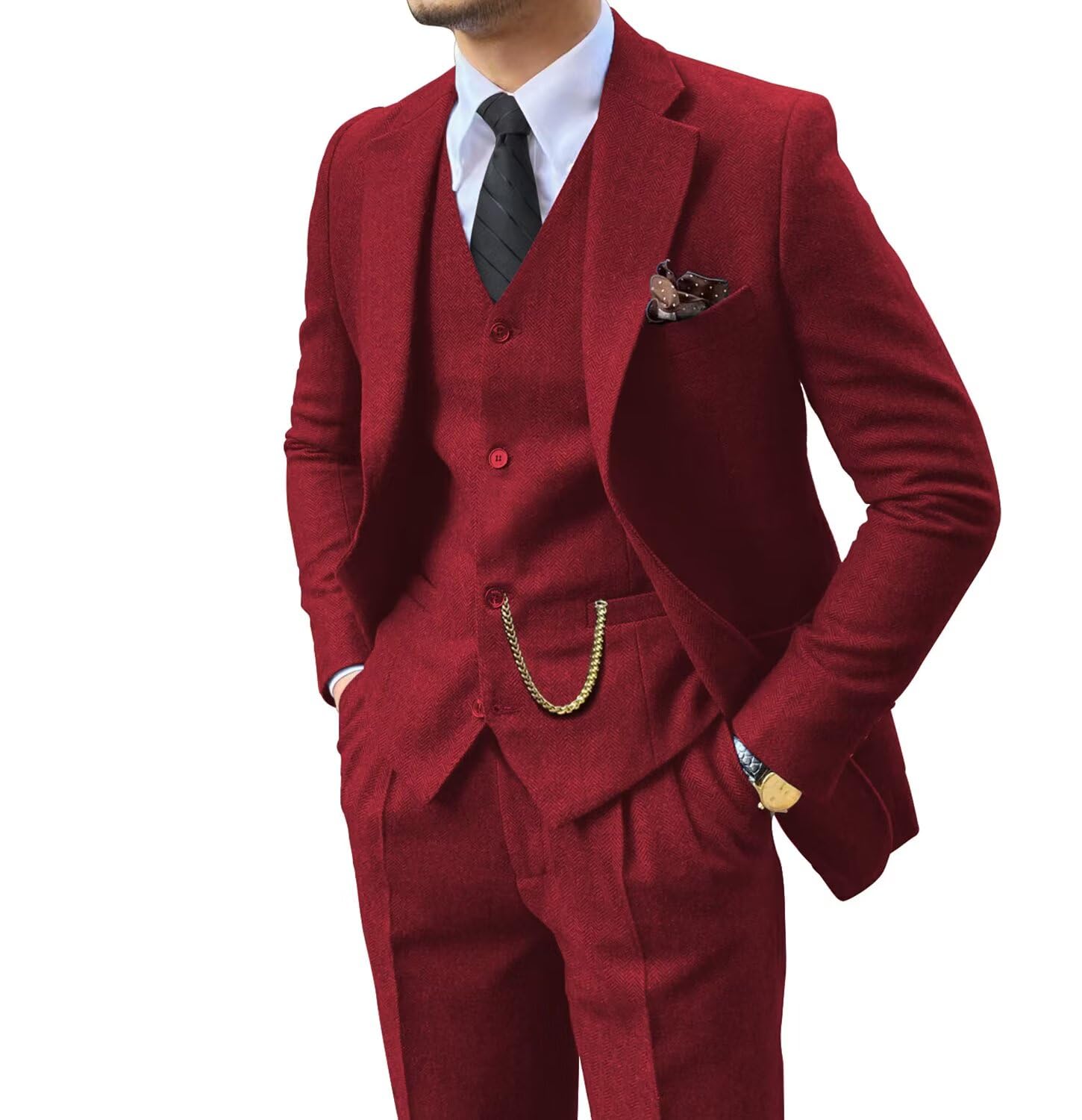 Vintage 3-Piece Tweed Herringbone Men's Suit Set - Slim Fit Groom Tuxedo for Prom, Wedding & Formal Events (Brown/Grey Jacket, Vest & Pants)