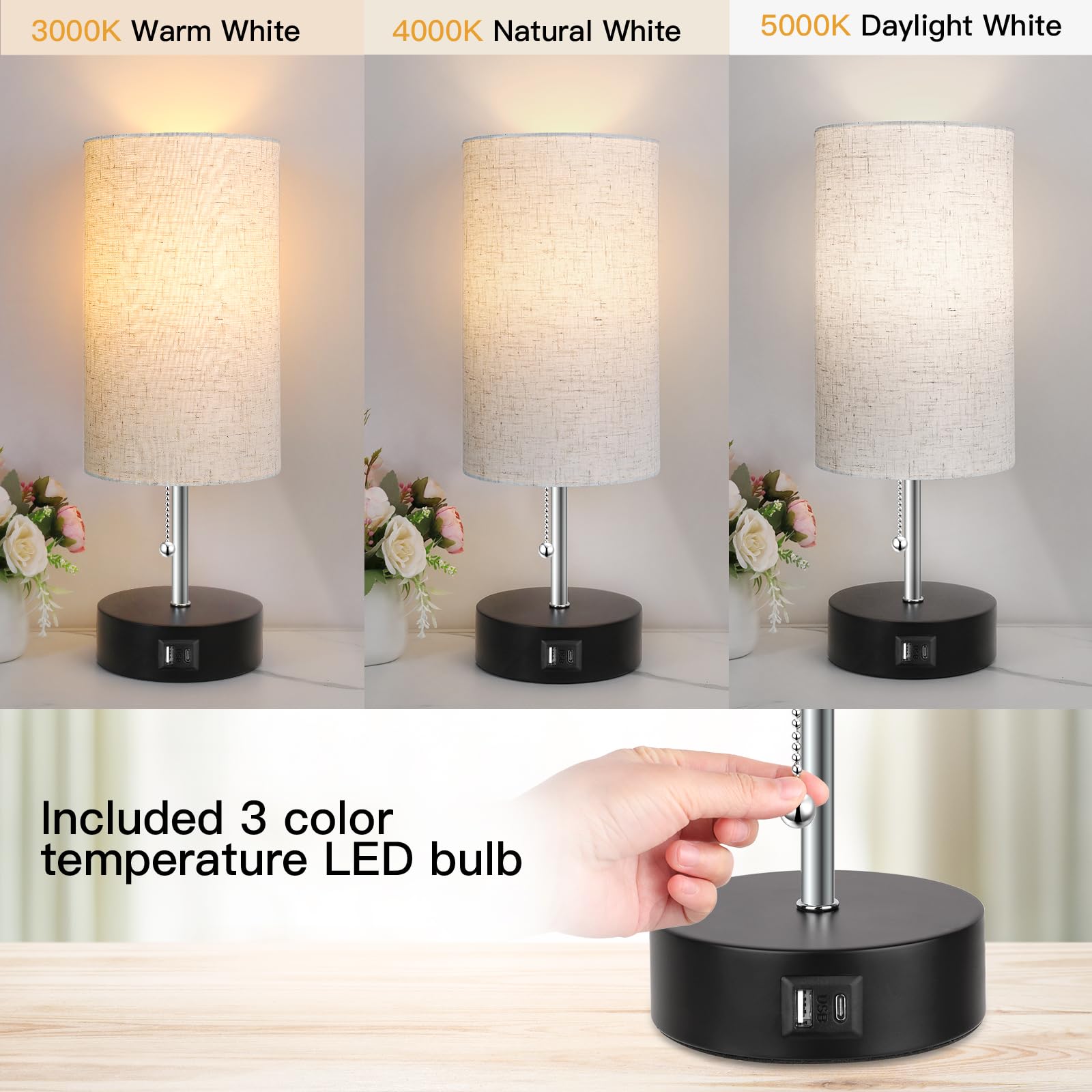 ROTTOGOON 3-Color Temperature Adjustable Bedside Lamp with USB A & C Ports, LED Nightstand Table Lamp for Bedroom, Living Room, Office, and Study (Oatmeal)