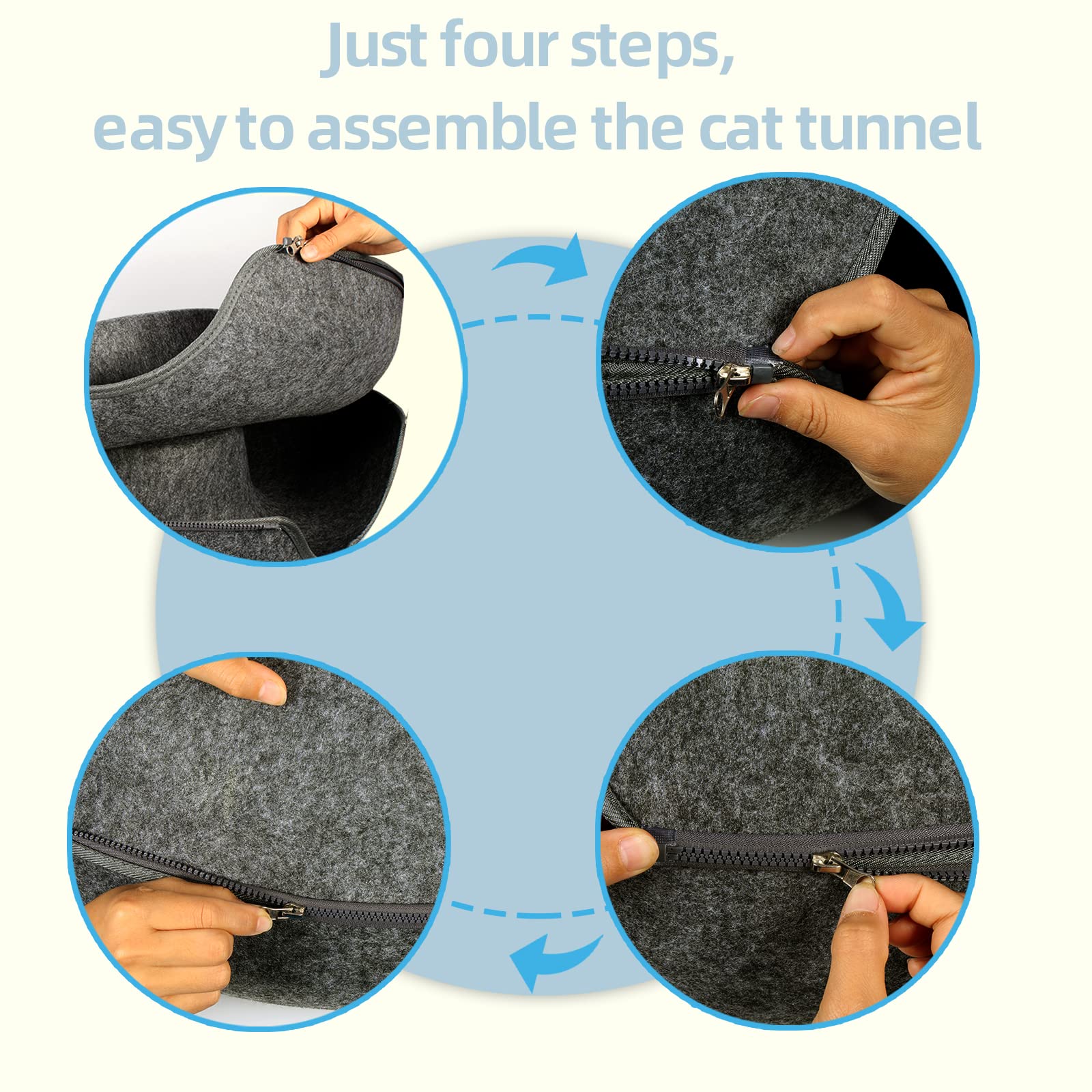 Large Cat Tunnel Bed for Indoor Cats - Peekaboo Cat Cave & Hideaway with Detachable Round Felt, Washable Interior (24x24x11 inches) - Dark Gray | Perfect for Playtime, Napping & Stress Relief