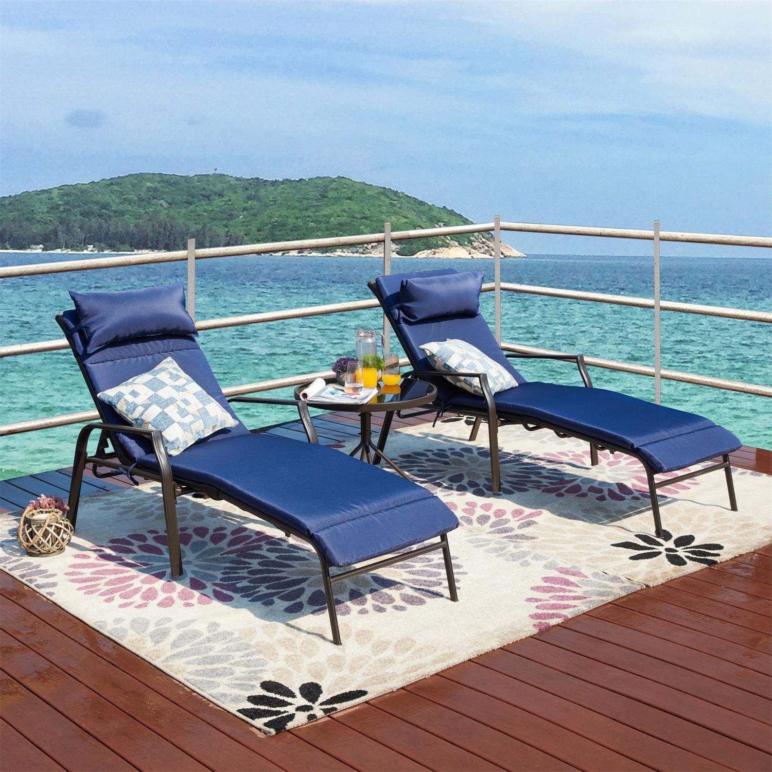 Premium Adjustable Outdoor Chaise Lounge Chair Set - 3-Piece Portable Metal Recliner with Folding Table for Patio, Poolside, Beach & Camping - Weather-Resistant Blue Leisure Furniture for Backyard, Garden & Vacation Use