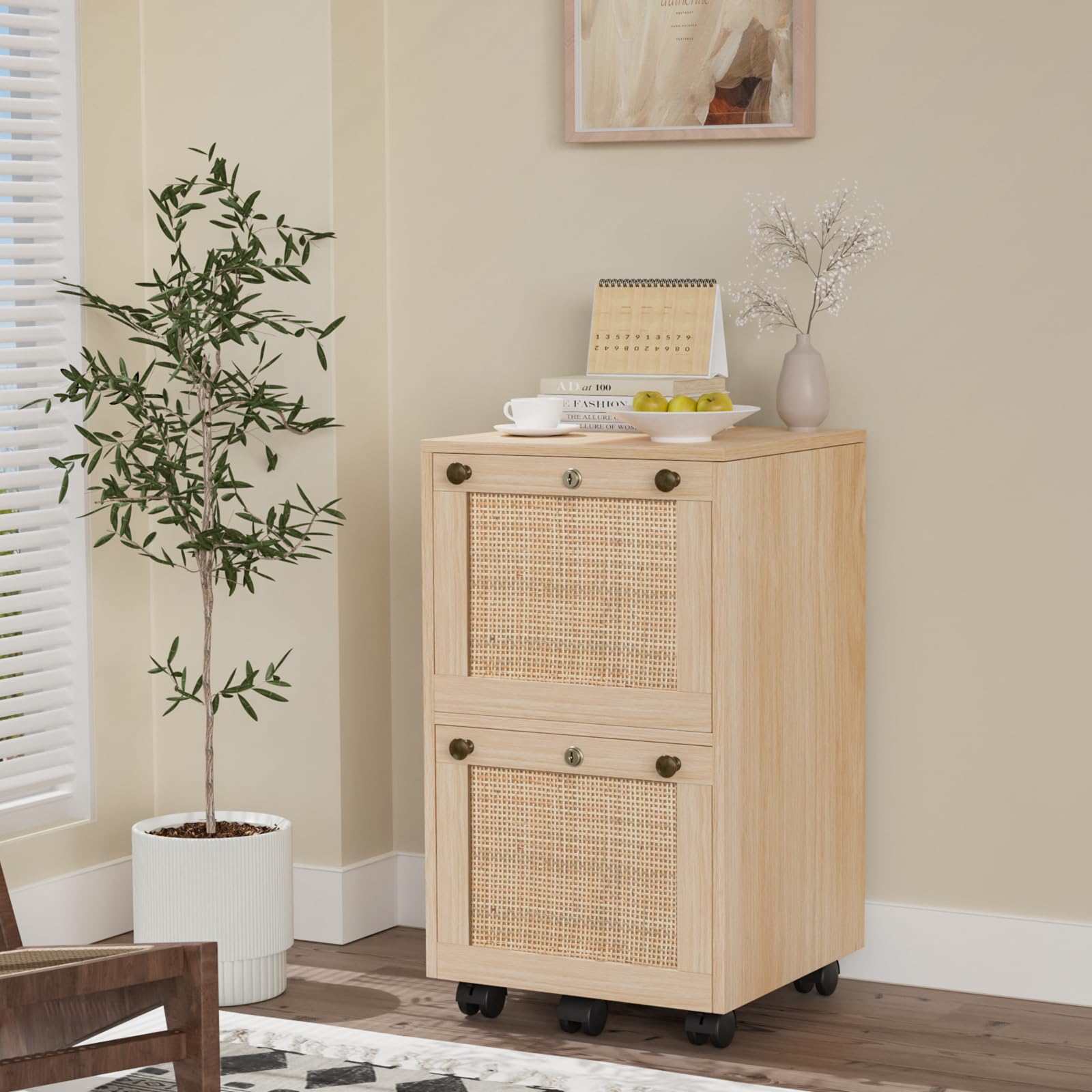 VINGLI 2-Drawer Locking File Cabinet with Wheels - Rolling Office Storage for Home & Workspace, Small Wood Rattan Oak File Organizer Under Desk, Printer Stand for Folders with Tabs - Perfect for Home Office, Study Room & Small Business Organization