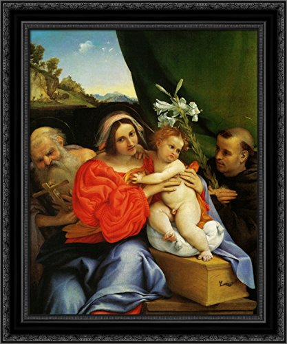 Lorenzo Lotto Framed Canvas Art - Madonna with St. Jerome & St. Anthony of Padua, 24x20 Inches, Black Ornate Wood Frame - Perfect for Home Decor, Church, or Religious Gift
