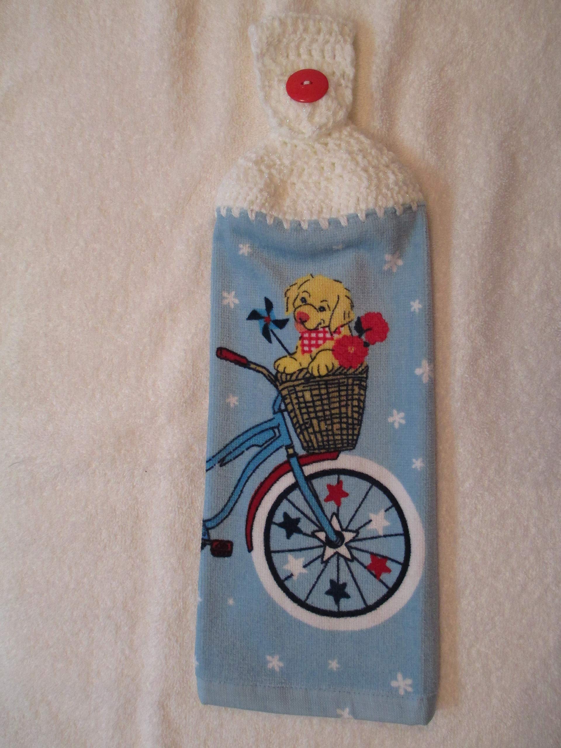 Handmade Crochet Patriotic Puppies & Bicycles Kitchen Towel Set - Metallic White Yarn for Dish Drying, Decor & Gift Giving - Perfect for 4th of July, Memorial Day & American Themed Kitchens