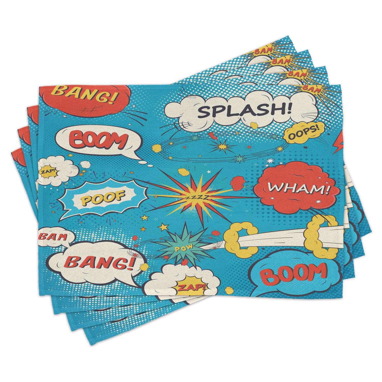Lunarable Superhero Place Mats Set of 4 - Pop Art Style Comic Speech Bubbles with Funny Humor Expressions (Boom, Splash, Bang) | Washable Fabric Dining Table Placemats | Standard Size (Cream & Blue) | Perfect for Superhero-Themed Parties, Comic Book Lovers, and Fun Family Meals