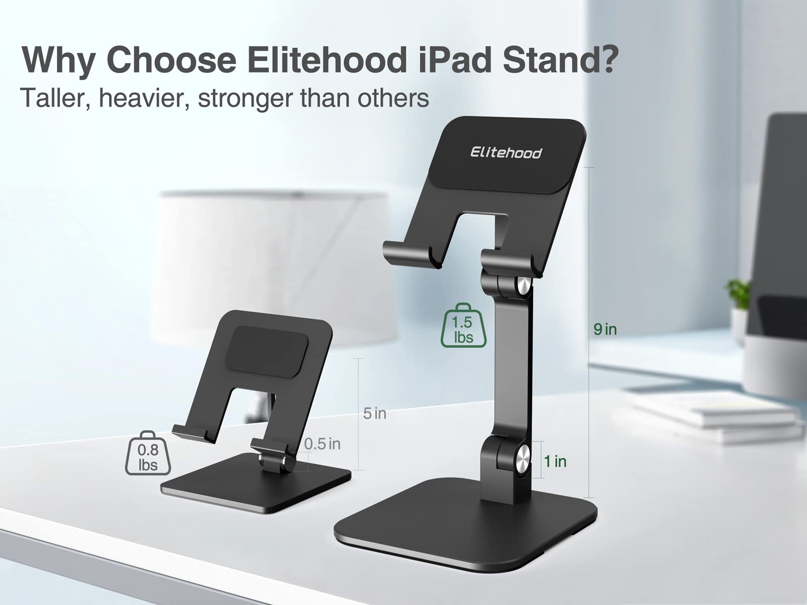 Premium Aluminum iPad Stand for Desk - Ultra Stable & Sturdy Adjustable Tablet Holder Dock - Compatible with iPad Pro 12.9/Air/Mini - Portable Home Office Accessory for Reading, Video Calls & Hands-Free Viewing - Black