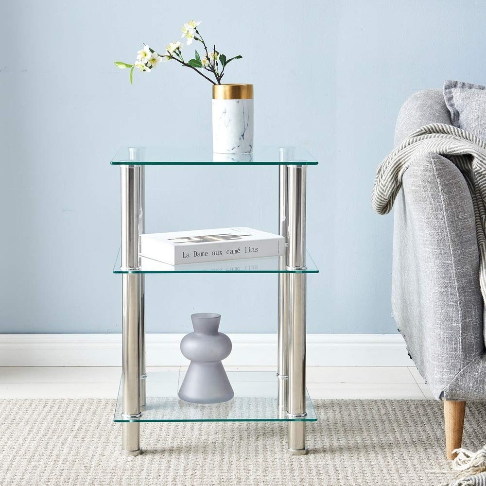 3-Tier Tempered Glass and Stainless Steel Square Side Table with Storage - Silver Modern Contemporary End Table for Living Room, Bedroom, or Office Decor