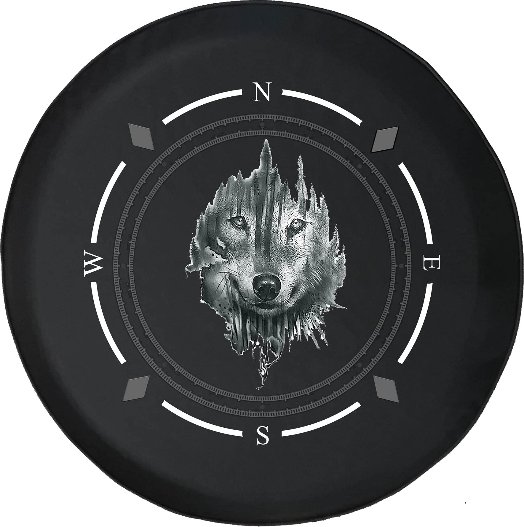 American Unlimited Spare Tire Cover with Compass & Wolf in The Woods Design - Universal Fit for SUV, Trailer, RV & Most Vehicles - Perfect for Outdoor Adventures & Road Trips