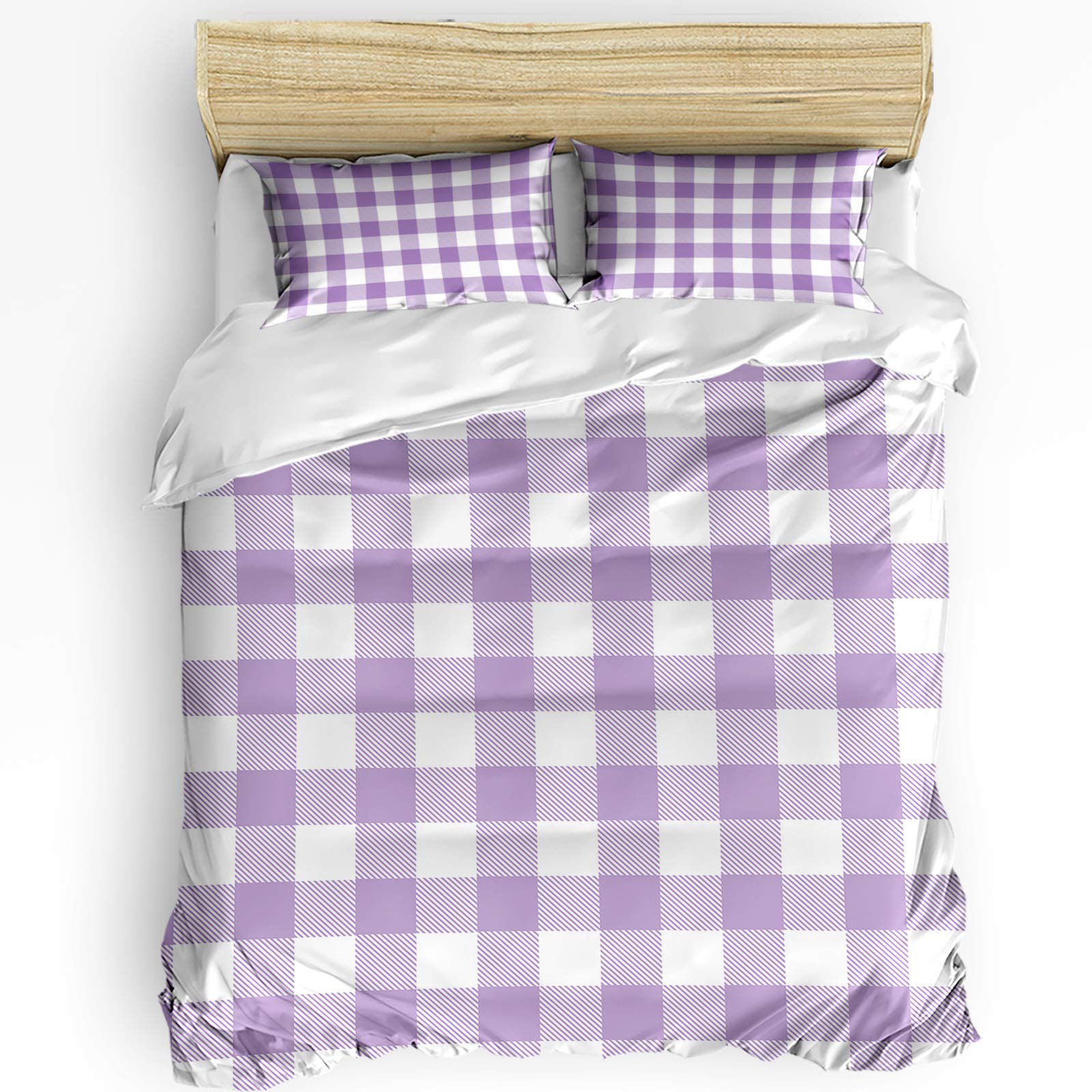 3-Piece Buffalo Check Plaid Comforter Set - Purple Farmhouse Style Duvet Cover & Pillowcases for Kids, Teens & Adults | California King Size Bedding for Cozy Bedrooms & Guest Rooms