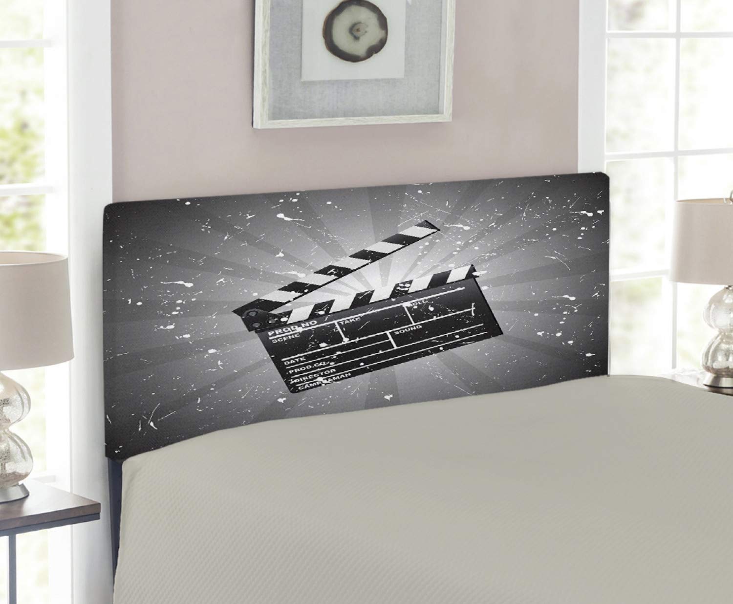 Ambesonne Movie Theater Headboard - Vintage Clapper Board Design with Grunge Effect, Upholstered Metal Bed Frame with Memory Foam, Twin Size in White Black & Grey - Perfect for Film Lovers' Bedroom Decor & Home Theater Theme