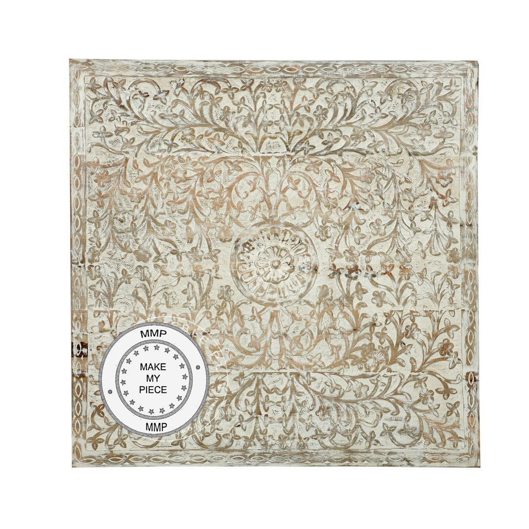 Handcrafted Indian Solid Wood Carved Panel Headboard - Whitewashed Finish for Bedroom Decor | Perfect for Bohemian, Farmhouse & Rustic Style Bedrooms