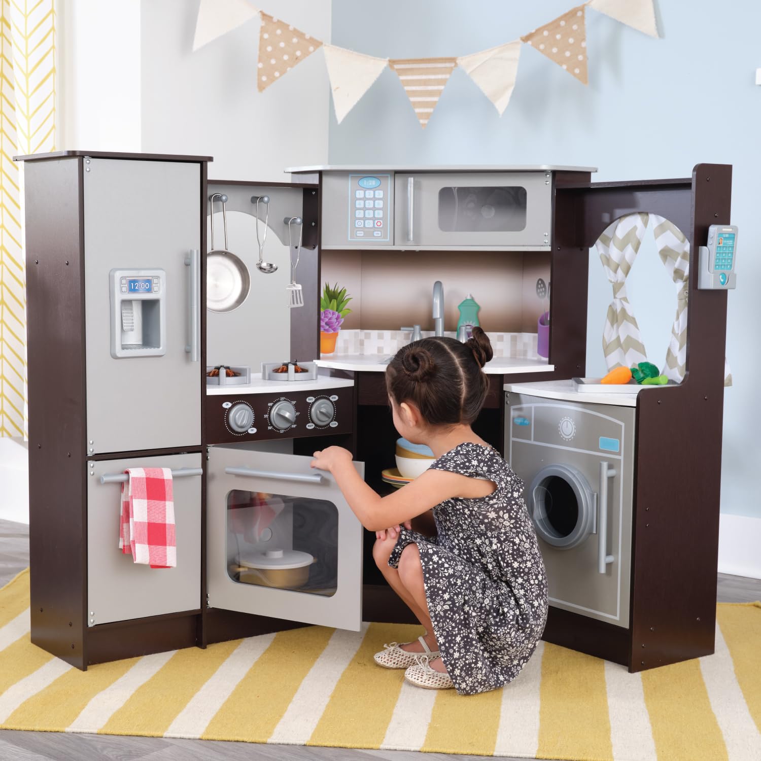 KidKraft Ultimate Corner Wooden Play Kitchen Set with Lights & Sounds, Play Phone & Curtains - Espresso Finish - Pretend Play Toy for Kids Ages 3+ - Perfect for Imaginative Play, Role-Playing & Early Learning Activities