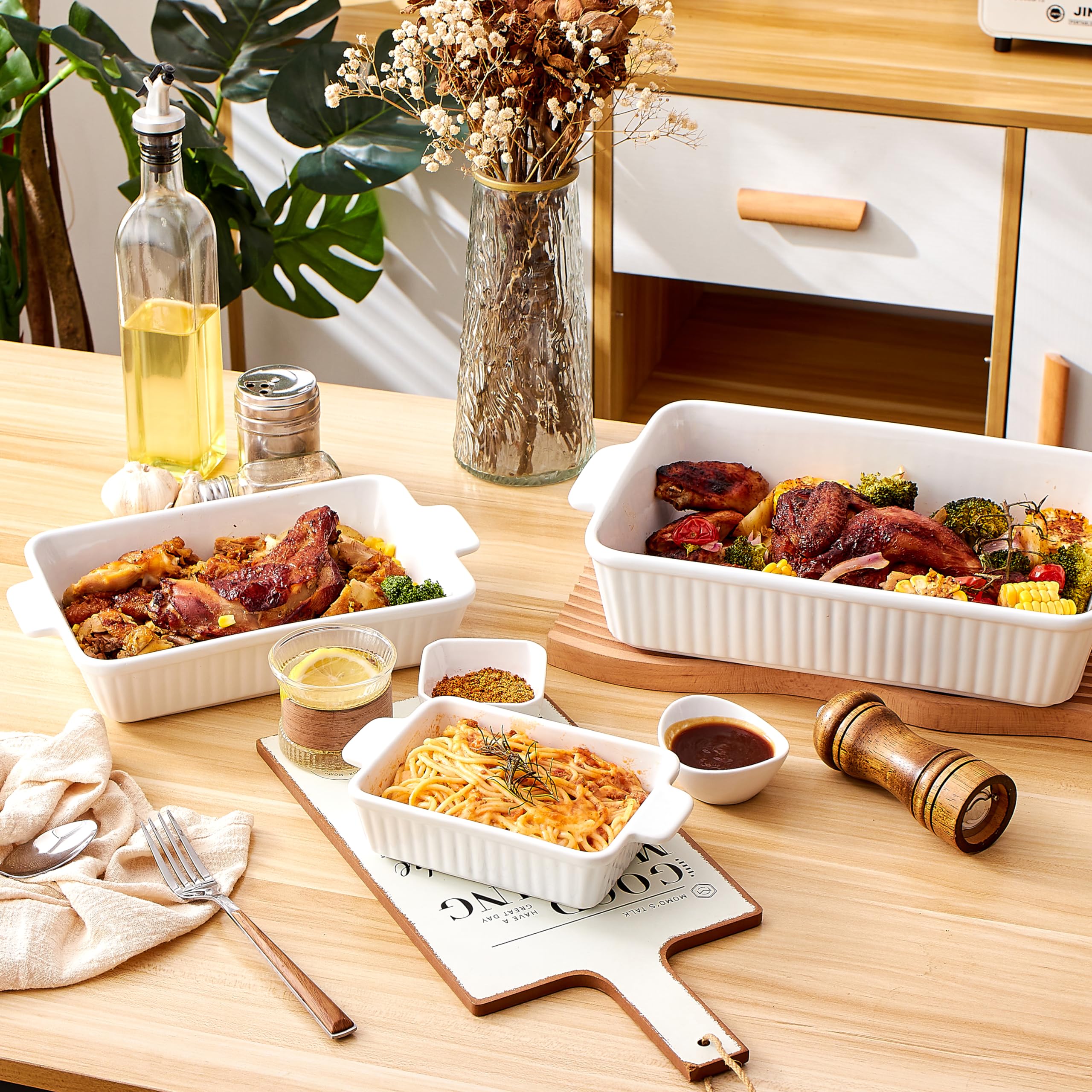 3-Piece Porcelain Casserole Dish Set - 13x9 Inch Rectangular Baking Pans with Handles, Oven-Safe Ceramic Bakeware for Lasagna, Cakes & More - Perfect for Family Dinners, Holiday Cooking & Meal Prep