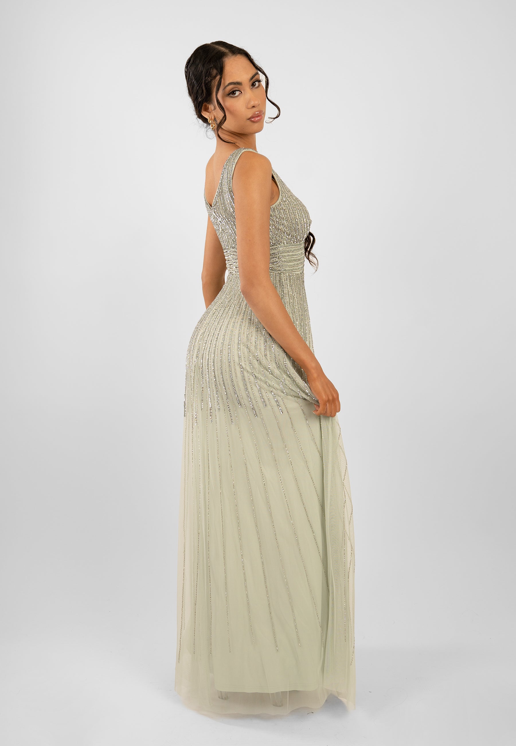 Lorelai Sage Green Embellished Maxi Dress for Women - Elegant Long Flowy Dress with Beaded Details - Perfect for Weddings, Parties & Special Occasions