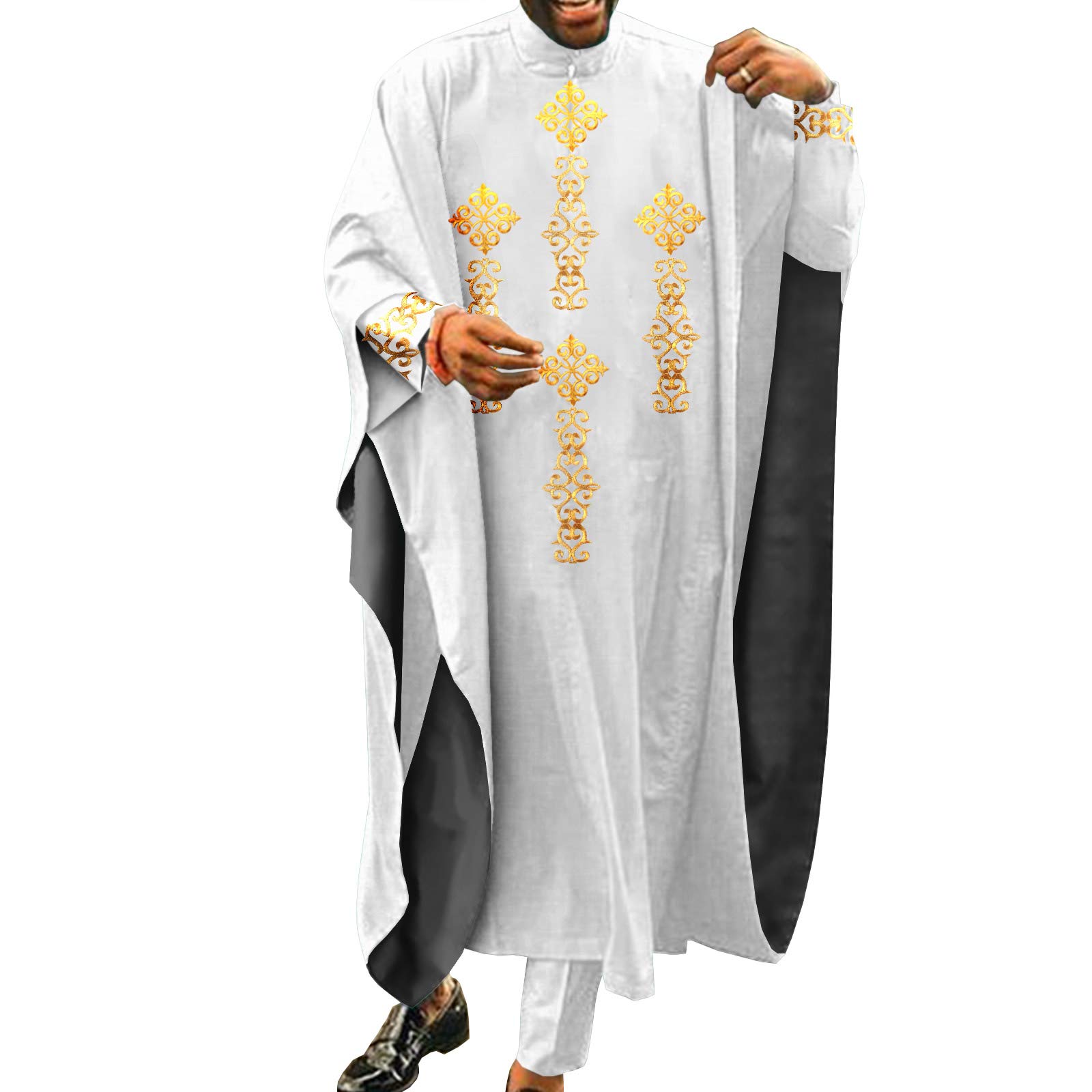 **African Men's 3-Piece Outfit Set – Embroidered Agbada Robe, Dashiki Shirt & Ankara Pants for Wedding, Evening & Special Occasions**