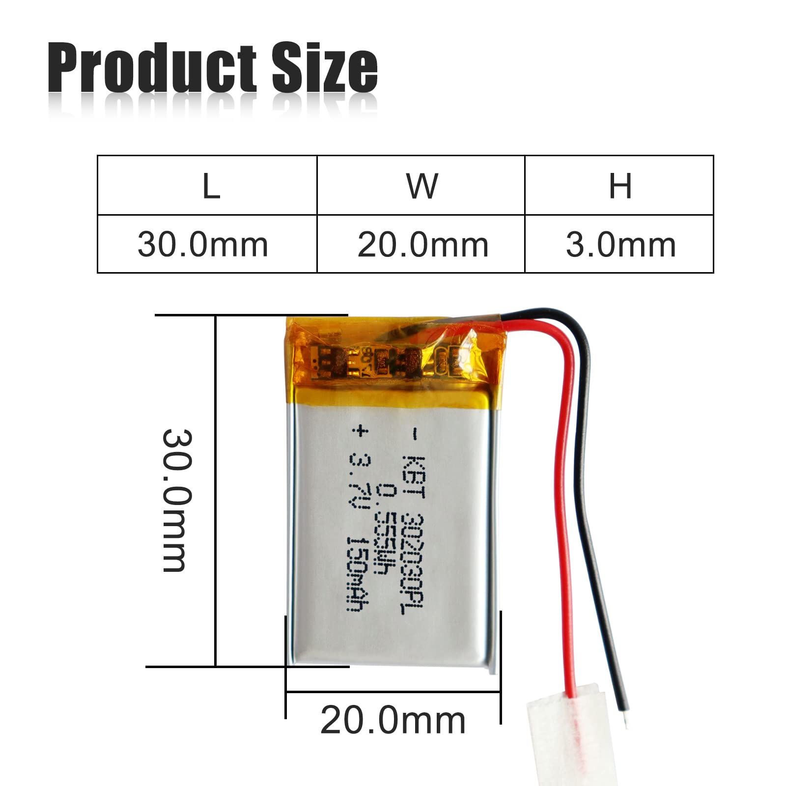 KBT 3.7V 150mAh 302030 Rechargeable Li-Polymer Battery - 2 Pack Replacement for Small Electronics | Perfect for Wireless Earbuds, Mini Drones & Smart Watches