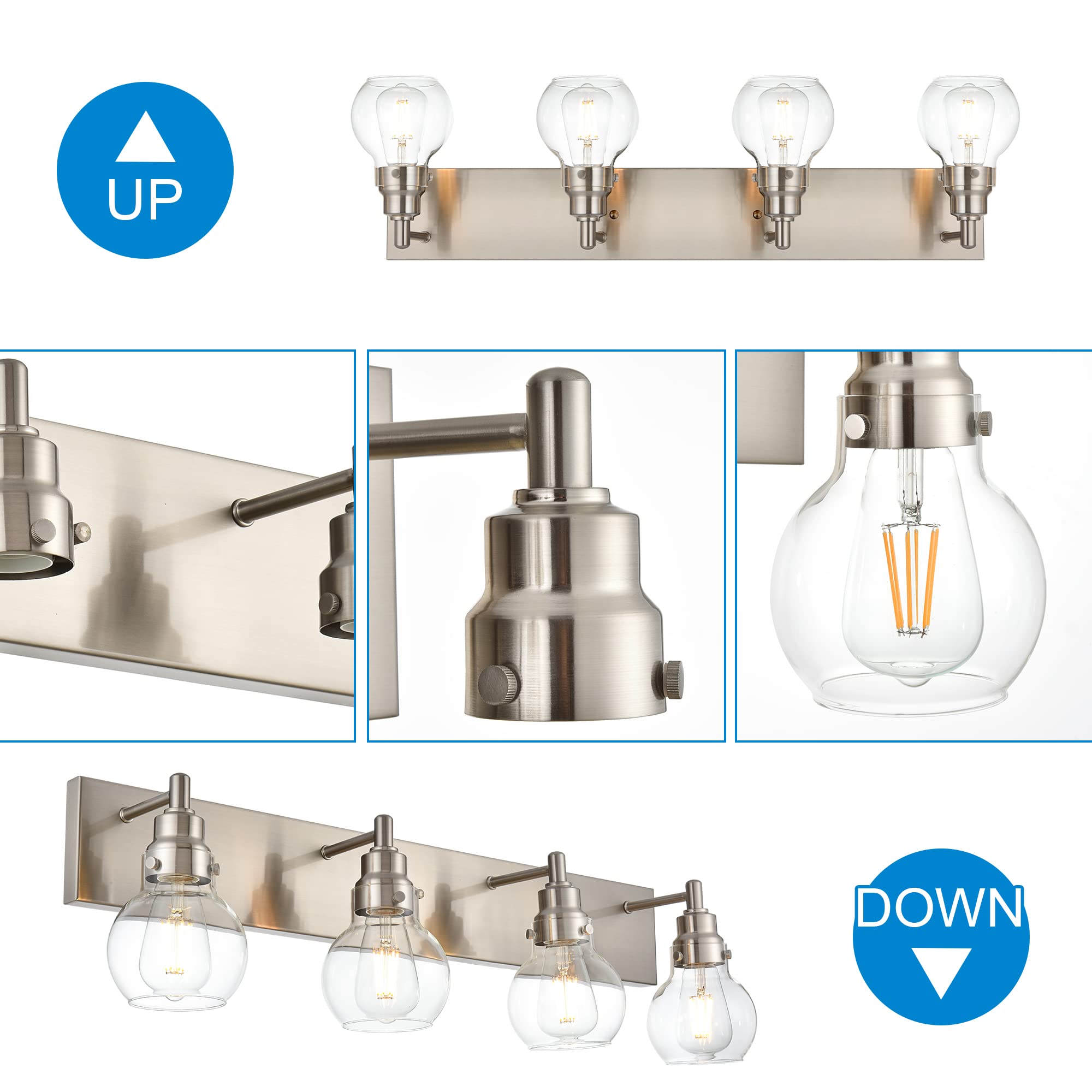 4-Light Modern Bathroom Vanity Light Fixture in Brushed Nickel - Clear Globe Glass Wall Sconce for Bathroom, Powder Room & Foyer Lighting - Perfect for Makeup Vanity, Dressing Area and Hallway Illumination