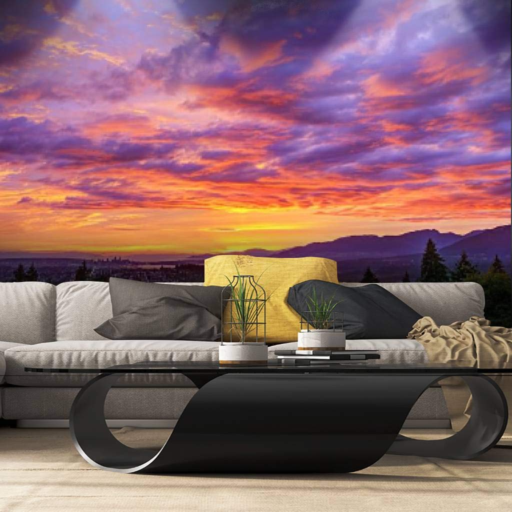 Purple Sunset Mountain View Peel and Stick Wallpaper - Self-Adhesive Removable Vinyl Wall Mural for Home Decor (36