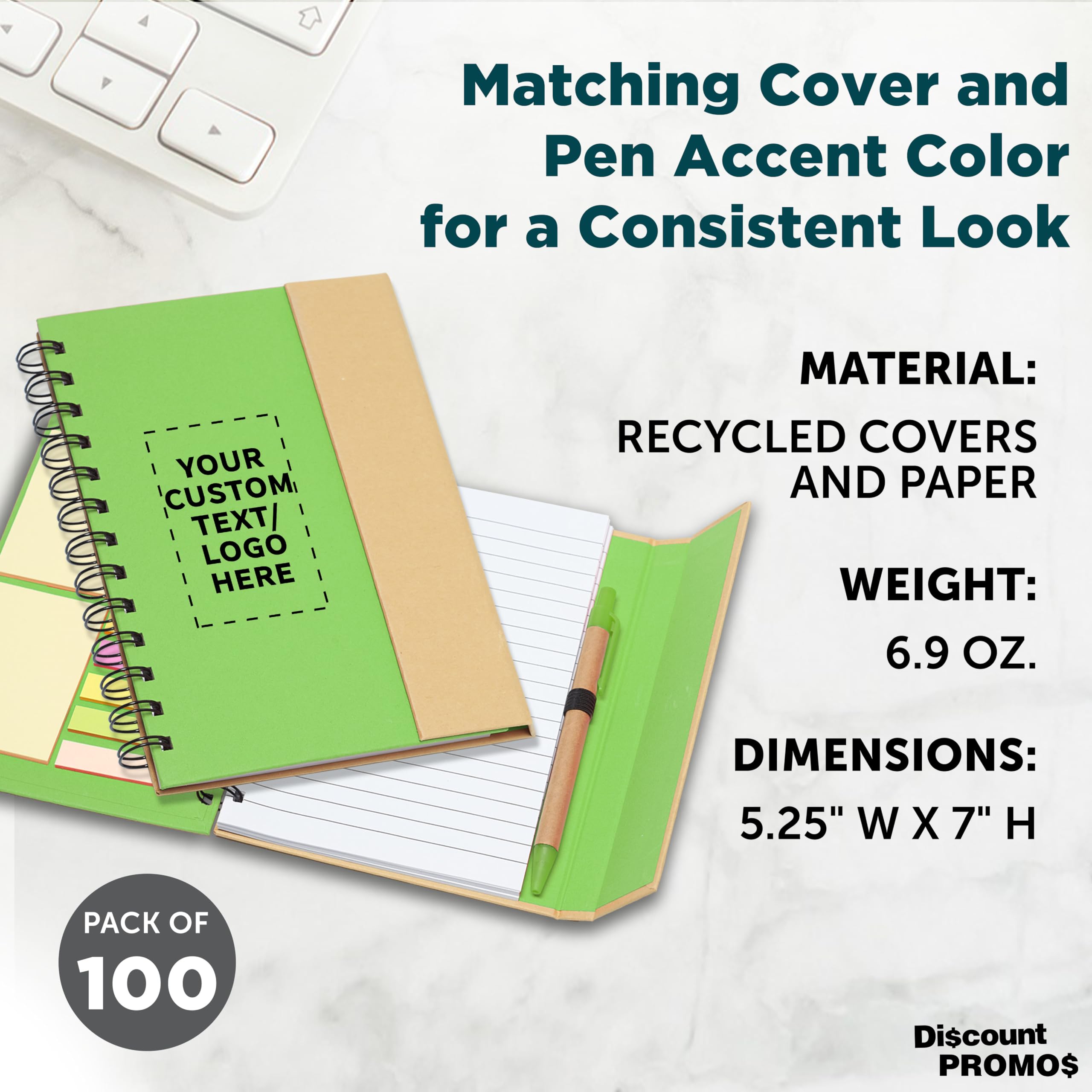 Eco-Friendly Custom Spiral Notebooks with Pens - 100-Pack Bulk Personalized Notebook Set for School, Office & Home Use - Green & Sustainable Writing Supplies - Ideal for Students, Professionals & Eco-Conscious Users