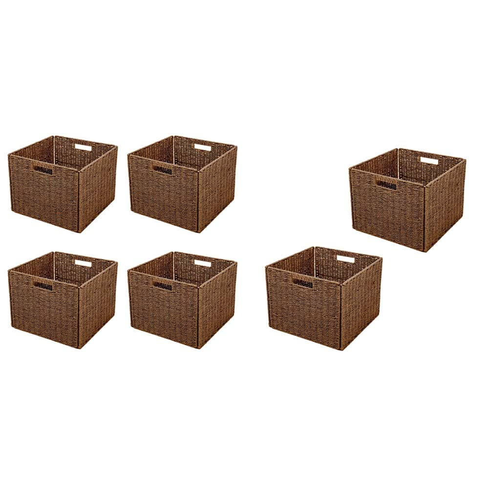 Trademark Innovations Foldable Storage Basket Set of 4 - Brown Woven Iron Wire Frame Organizer Bins for Home, Office, Closet & Laundry Room Organization