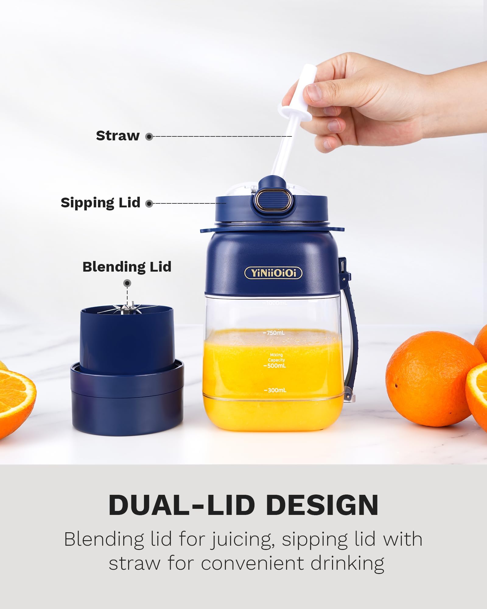 Portable Blender for Smoothies - 32 oz Personal Blender with 10 Blades, Travel Lid & Straw - Compact Juicer Blender for Sports, Gym, Office & Outdoor Activities (Blue)