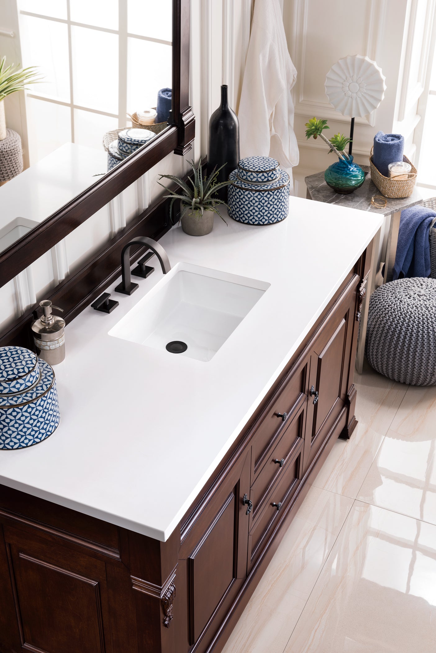 Brookfield 60 Inch Single Bathroom Vanity with Burnished Mahogany Cabinet & 3CM Classic White Quartz Countertop - Perfect for Modern Home Bathroom Remodeling