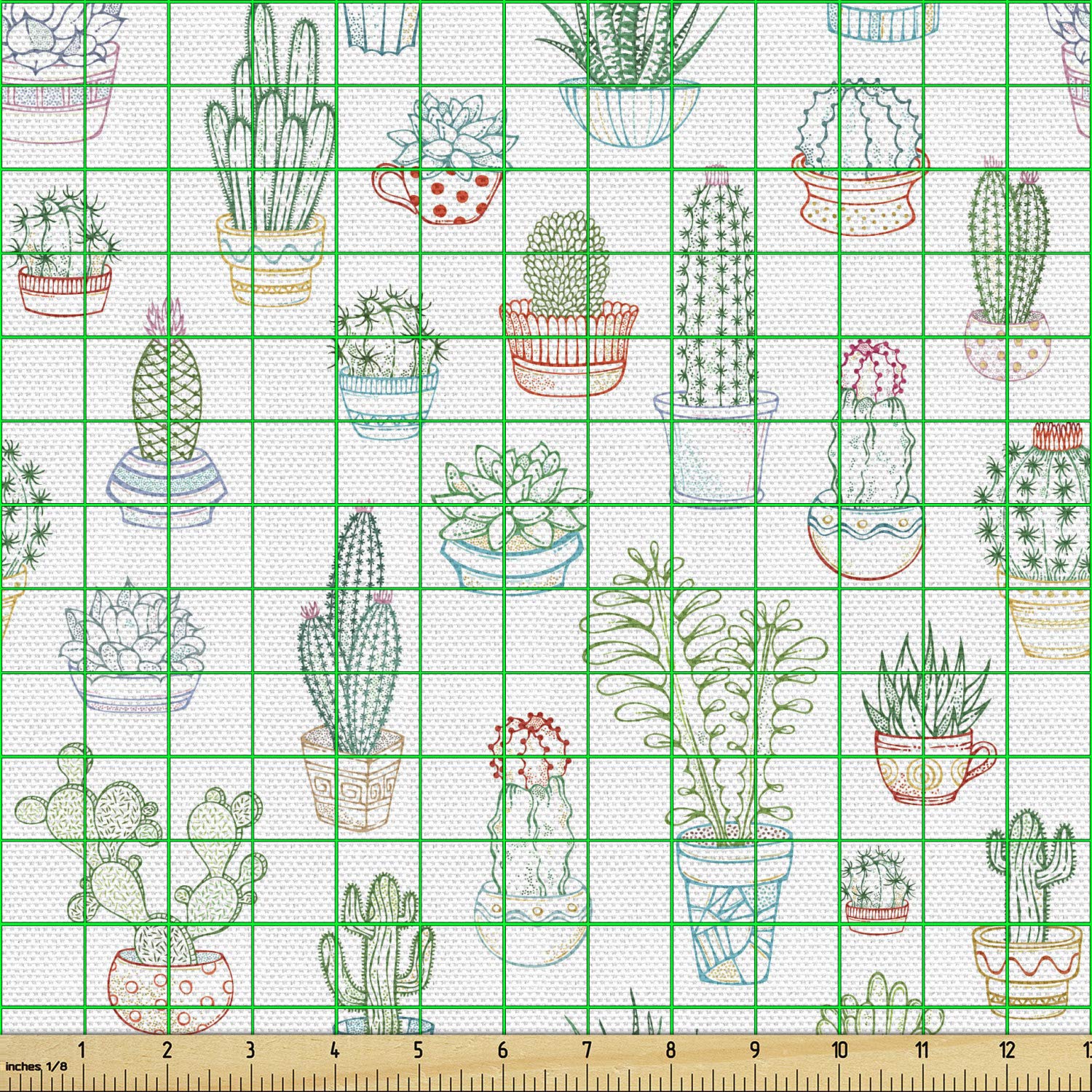 Ambesonne Agate Fabric by The Yard - Cactus & Tropical Plant Sketch Print, Minimalist Green & White Upholstery Material (10 Yards) for Sofa Covers, Pillows & Home Decor | Perfect for Boho, Desert & Modern Interior Design
