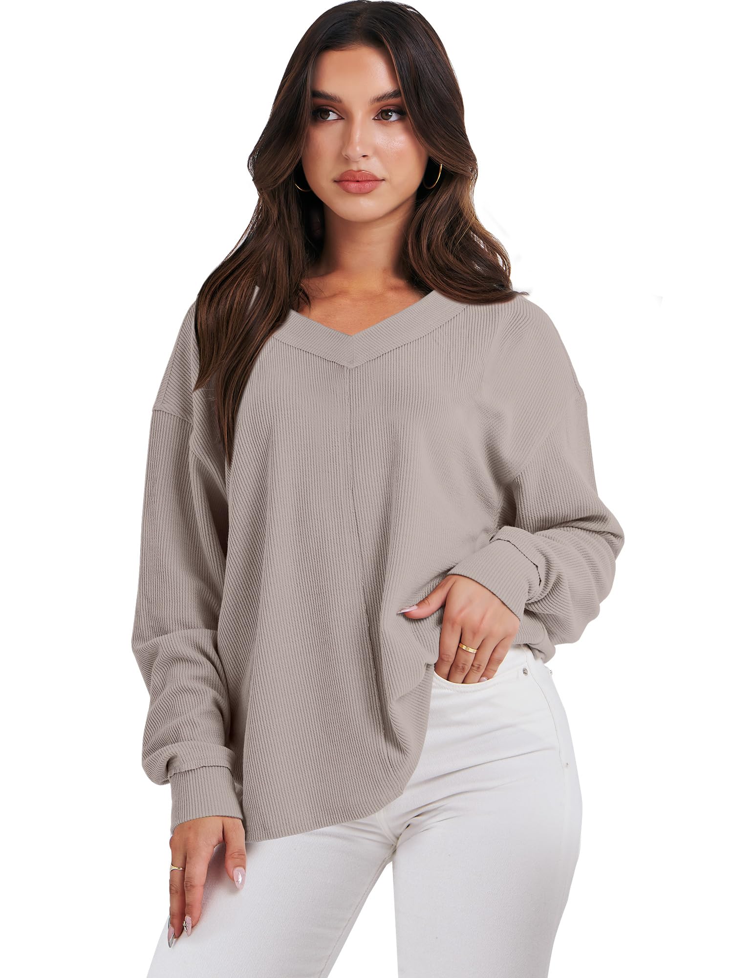 Caracilia Women's Oversized Off-Shoulder Long Sleeve Waffle Knit Sweater - V-Neck Pullover Top for Fall 2024 | Casual Outfit, Layering Essential & Cozy Winter Fashion