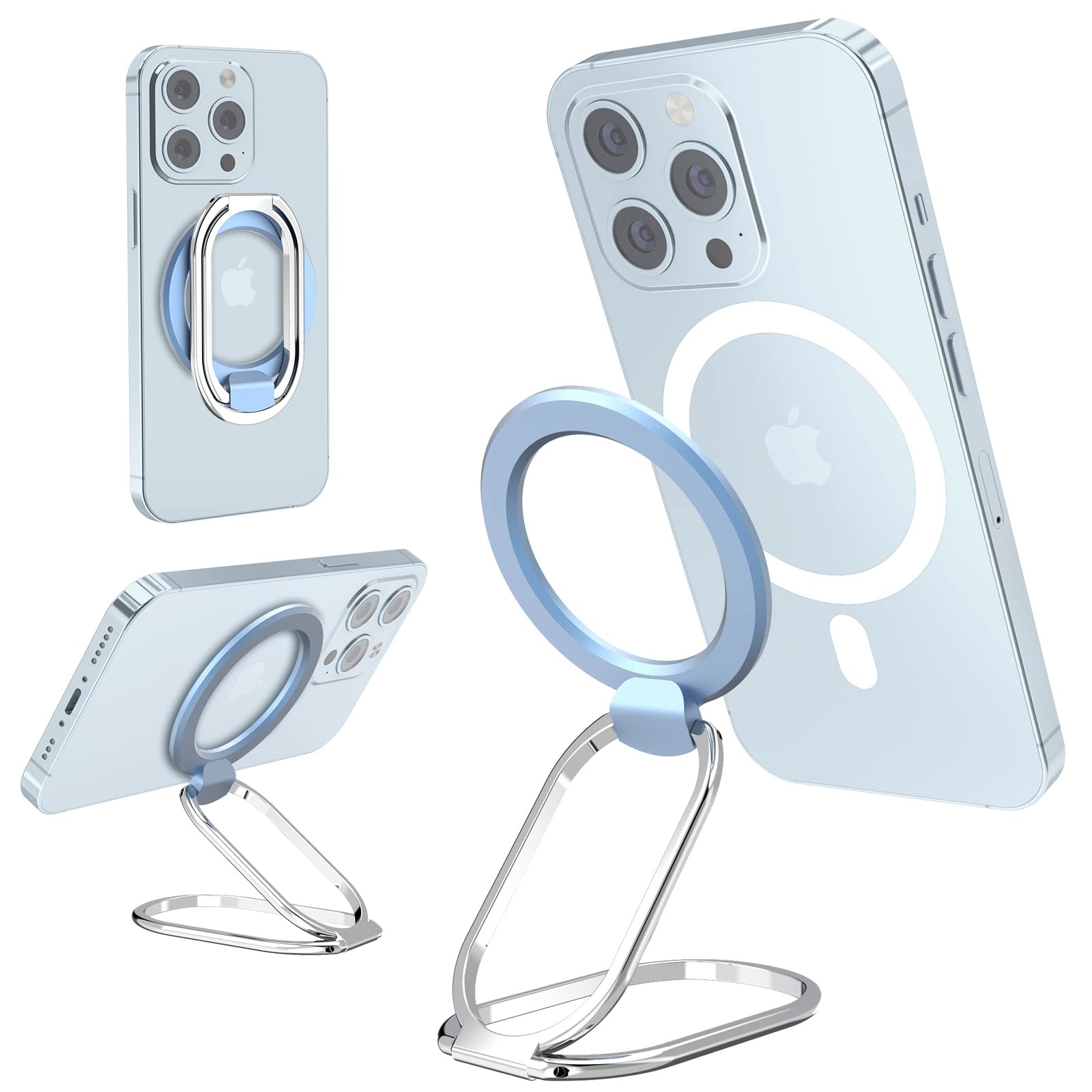 TOQMCI Magnetic Phone Ring Holder - Compatible with MagSafe for iPhone 14/13/12 Series, Adjustable Finger Grip & Stand, Removable Magsafe Accessories (Blue) - Perfect for Hands-Free Viewing, Gaming & Selfies