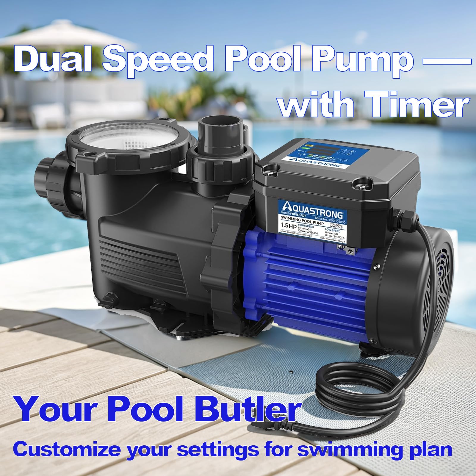 AQUASTRONG 1.5HP Dual Speed Pool Pump with Timer - 4975 GPH High Flow Above/In-Ground Swimming Pool Pump (115V) - Perfect for Backyard Pools, Spas, and Water Circulation Systems