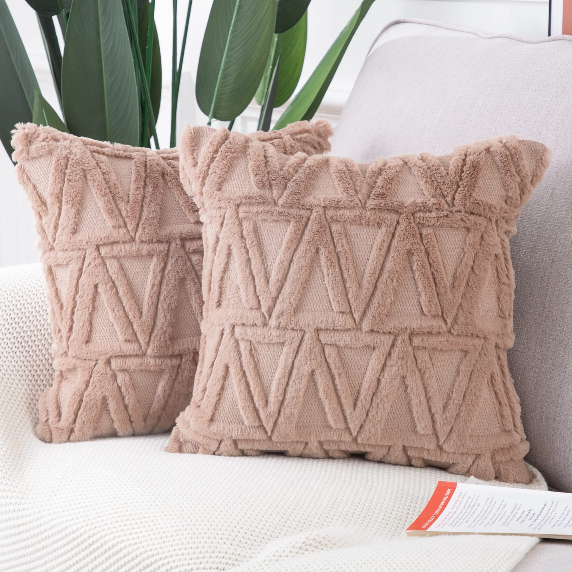 Super Soft Brown Plush Short Wool Throw Pillow Covers Set of 2 - Boho Velvet Decorative Textured Pillowcases for Sofa, Bedroom, Living Room - 20x20 Inch - Cozy Home Decor & Perfect for Relaxing