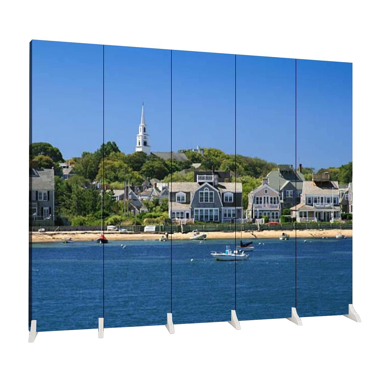 Dola-Dola 5-Panel Folding Room Divider - Nantucket Island Harbor View with Boats & Waterfront Houses - Canvas Privacy Screen for Indoor Spaces - Freestanding Partition for Home, Office, or Studio Use
