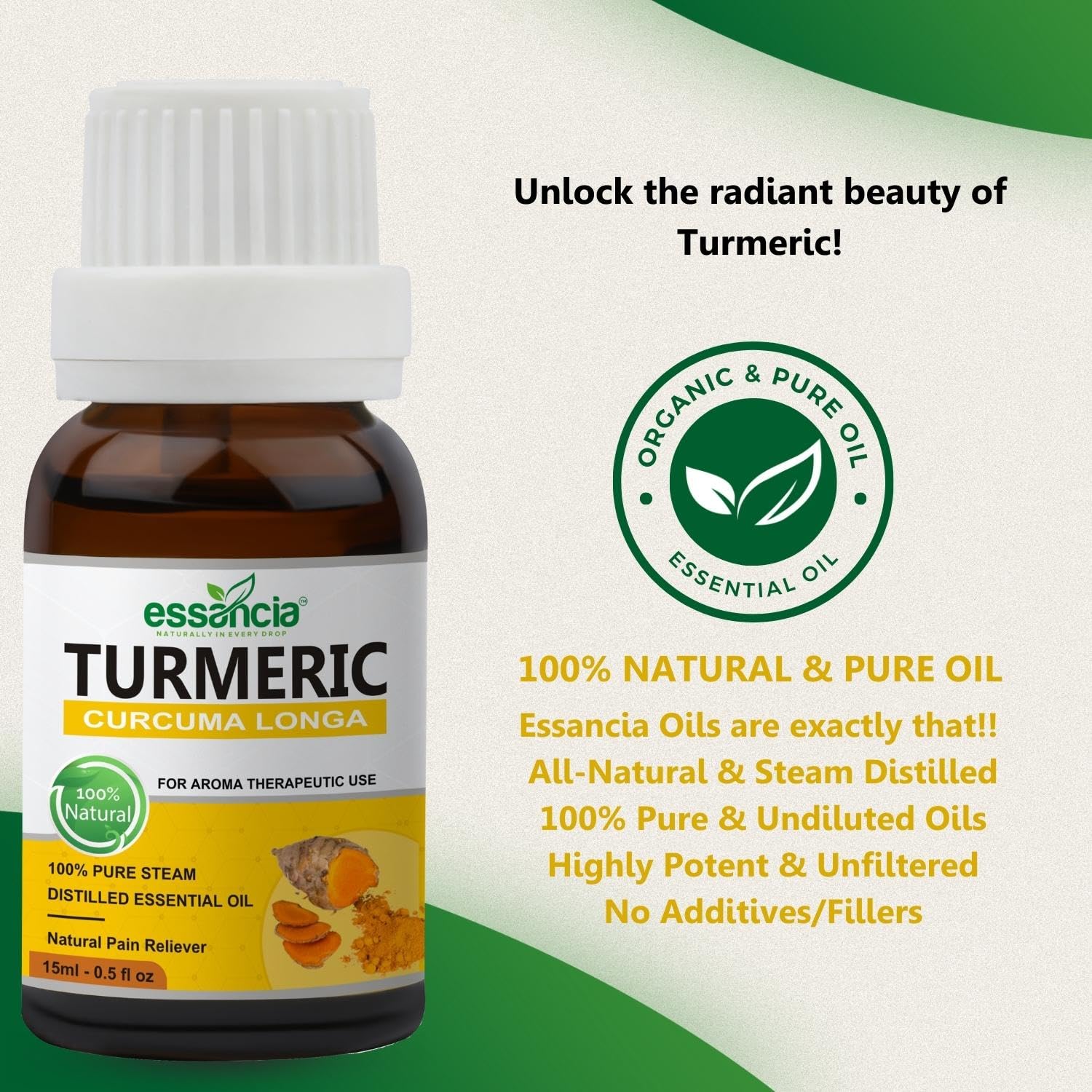 **Essencia Pure Turmeric Essential Oil - 15ml, 100% Natural & Undiluted for Skin Cleansing, Whitening, Dark Spot Treatment, Hair Care, Face & Aromatherapy - Therapeutic Grade Oil for Diffusers, Massage & Relaxation**