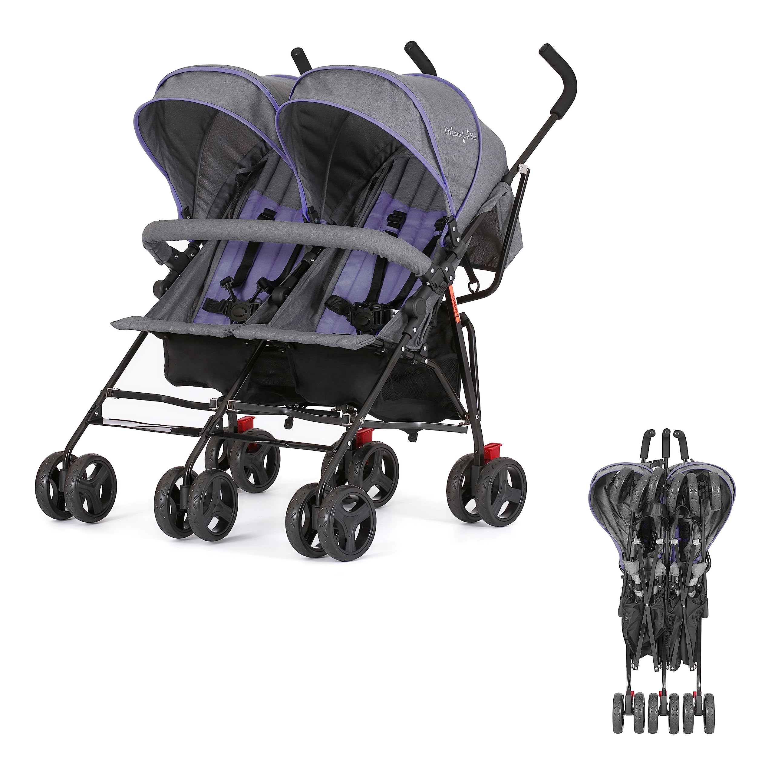 Dream On Me Volgo Twin Umbrella Stroller - Lightweight Double Stroller for Infant & Toddler (0-50 lbs), Compact Fold, Large Storage Basket & Adjustable Canopy - Perfect for Travel, Shopping & Outdoor Walks