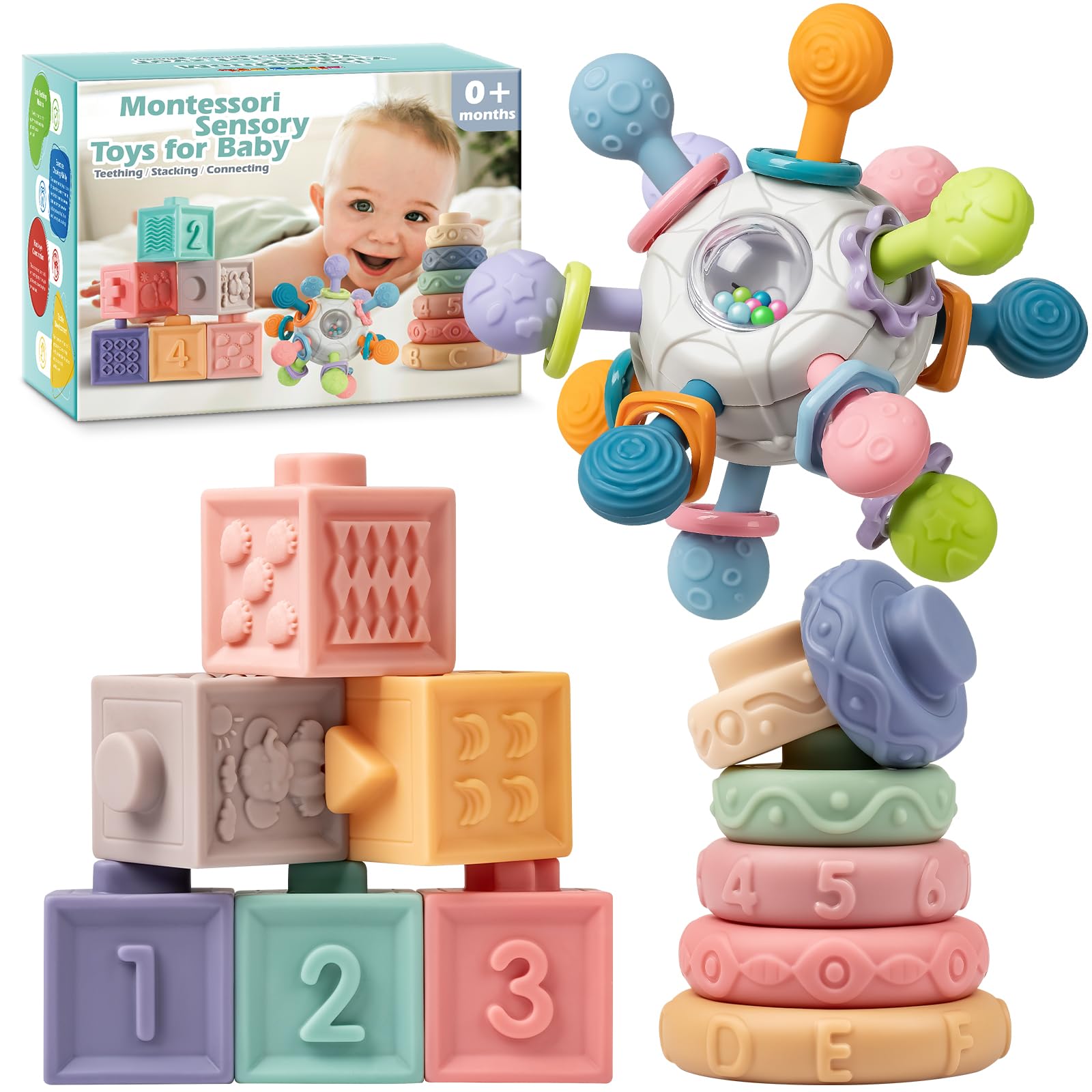 SpringFlower 3-in-1 Montessori Baby Toys - Rattle Teether, Soft Stacking Rings & Sensory Blocks for 0-18 Months | Developmental Learning Toys for Infants & Toddlers | Perfect for Playtime, Teething Relief & Early Education