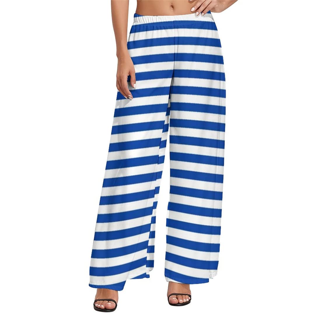Women's Navy & White Print Elastic Waist Casual Pants - Korean Fashion Straight Wide Leg Trousers Plus Size for Work, Travel & Everyday Wear