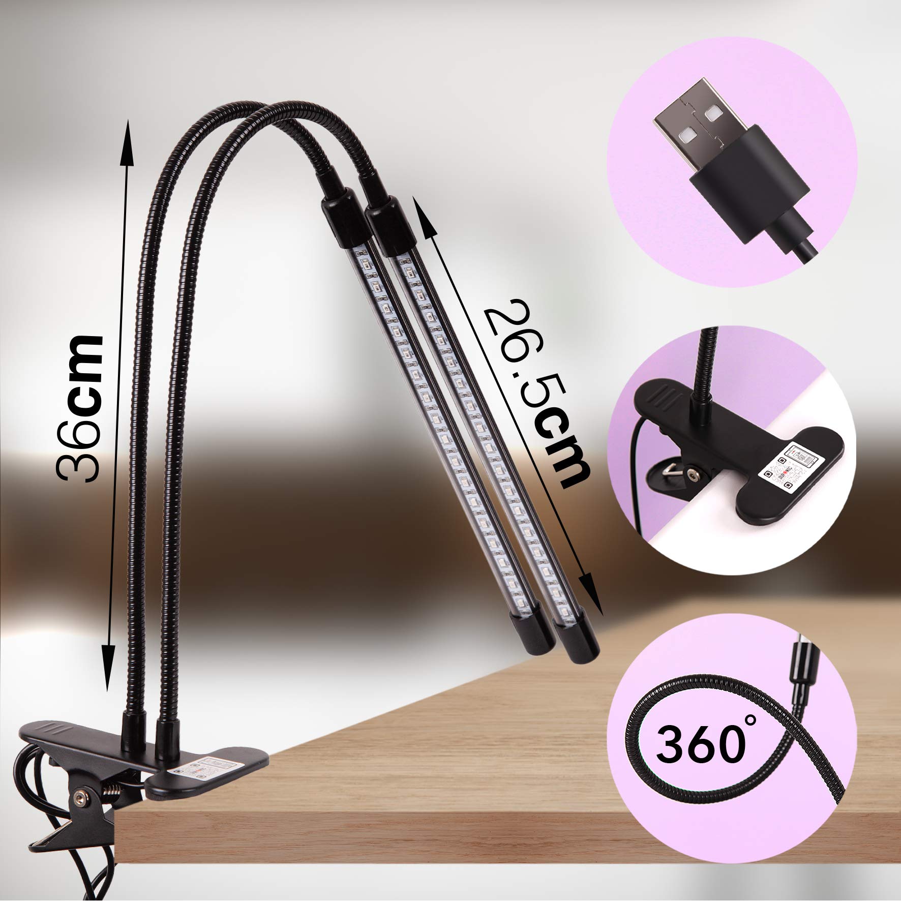 Duronic GLC24 Full Spectrum LED Grow Light for Indoor Plants - 36 Red & Blue LEDs, 3 Color Modes, 2 Adjustable Gooseneck Heads, 40W Dimmable with 6 Brightness Levels - Perfect for Hydroponics, Seedlings, and Home Gardening