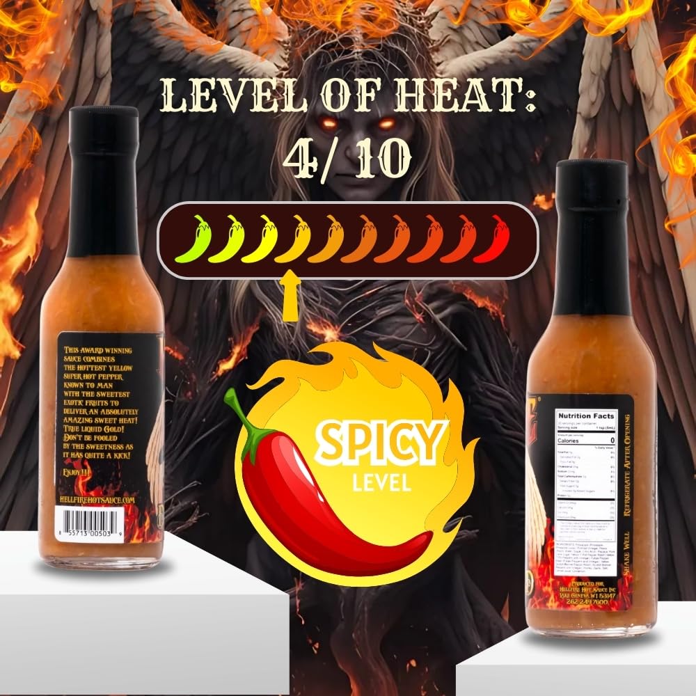 Hellfire Devil's Gold Hot Sauce - Award-Winning Gourmet Hot Sauce with Yellow Super Hot Peppers & Exotic Fruits - Sweet & Spicy Blend - 5 oz Bottle - Perfect for Wings, Tacos, Burgers & BBQ