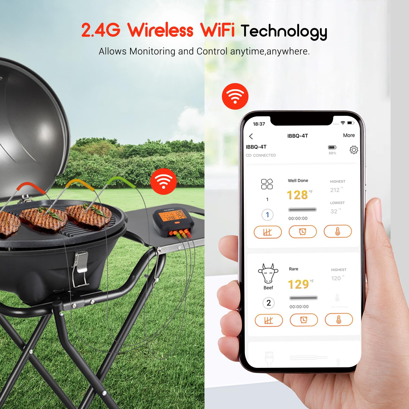 INKBIRD IBBQ-4T WiFi Meat Thermometer with 4 Color Probes - Wireless BBQ Thermometer with App Control, Temperature Graph, Alarm & Timer - Rechargeable for Grilling, Smoking, Roasting & Kitchen Cooking