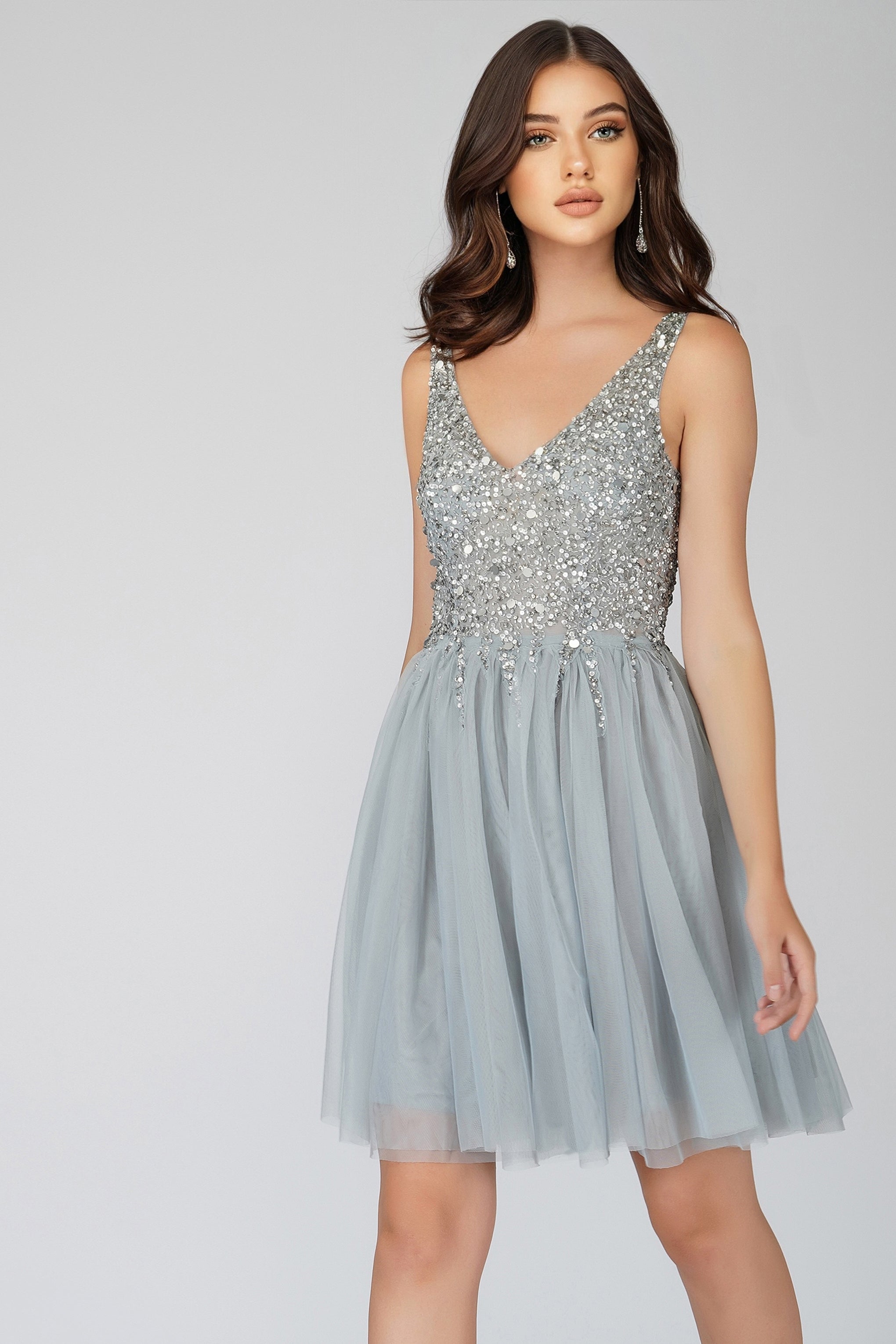 Symphony Light Grey Embellished Mini Dress for Women - Elegant Party Cocktail Dress for Night Out, Date Night, and Special Occasions