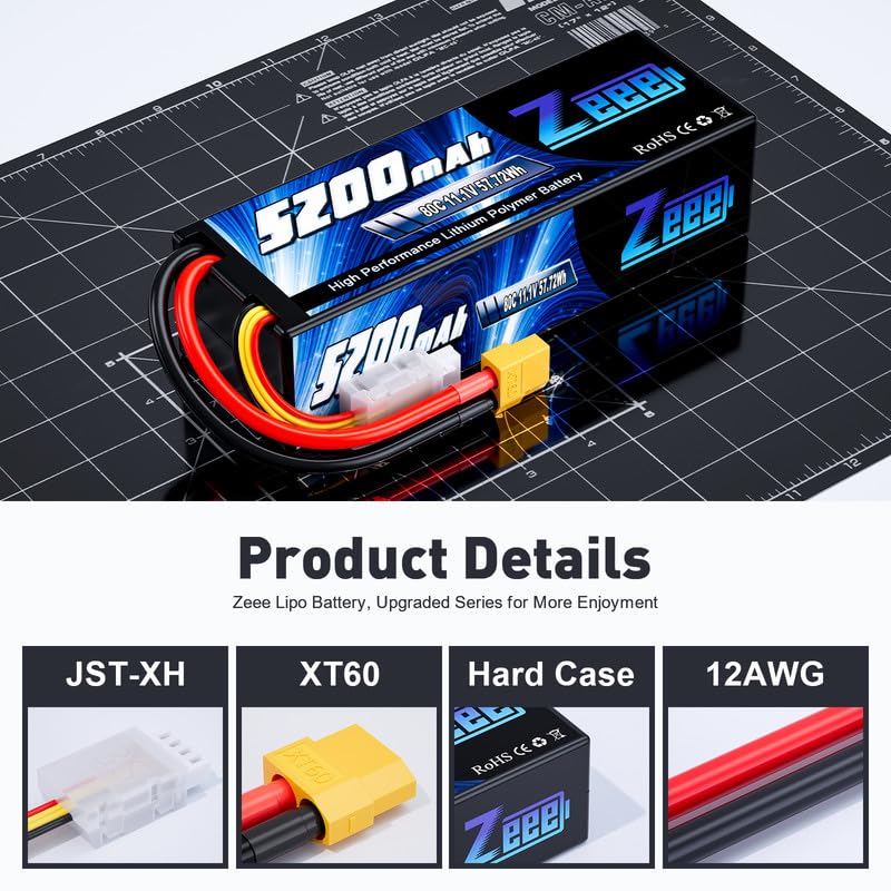 Zeee 3S 5200mAh 11.1V 80C Lipo Battery with XT60 Connector - Hard Case RC Battery for Cars, Trucks, Boats, Drones & Airplanes | High Performance Power for Racing & Hobby Use