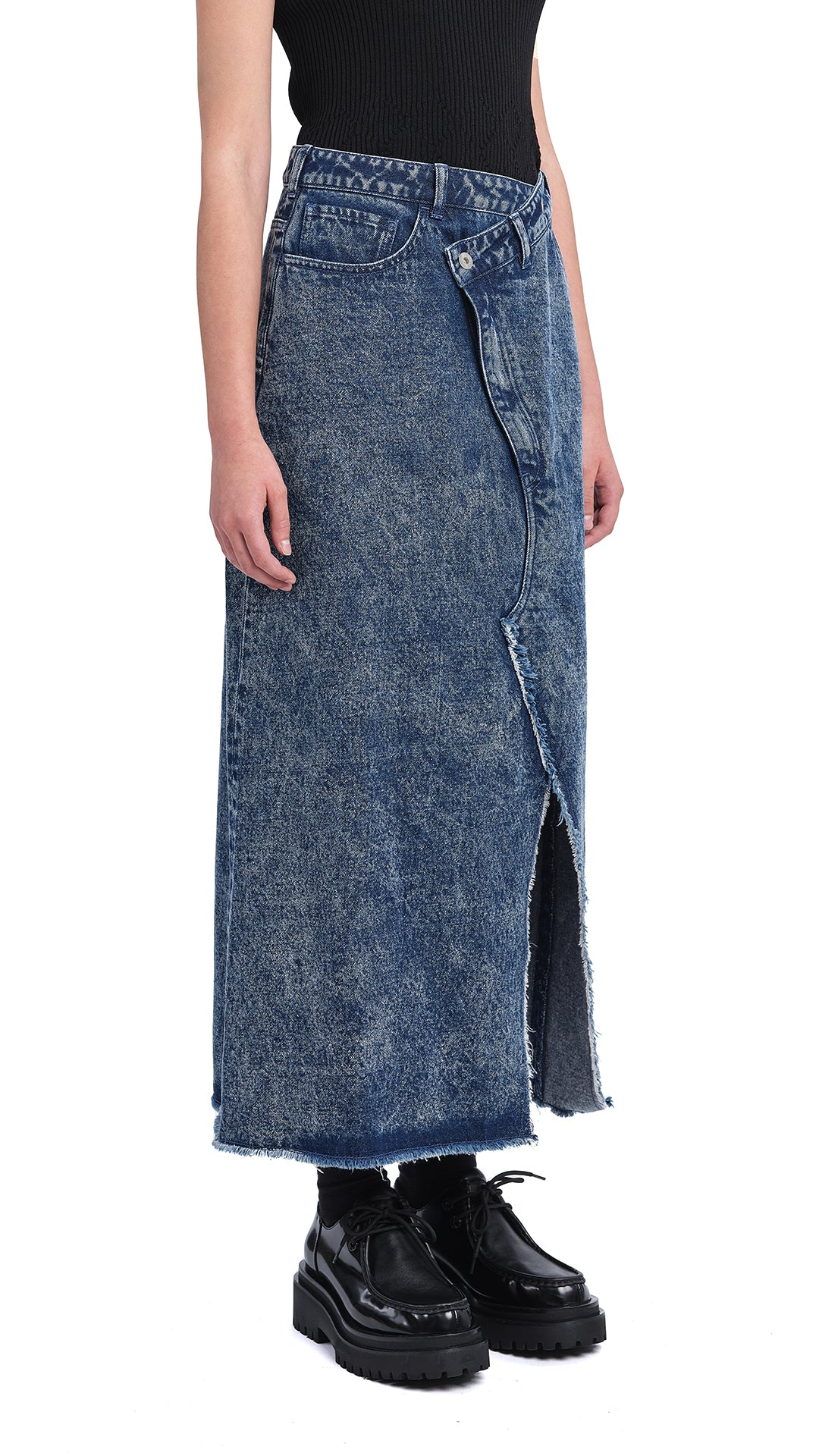 Vintage Stone Washed Denim Fishtail Skirt for Women - High Waisted A-Line Midi Skirt with Side Slits - Perfect for Casual Outfits, Date Nights & Boho Fashion