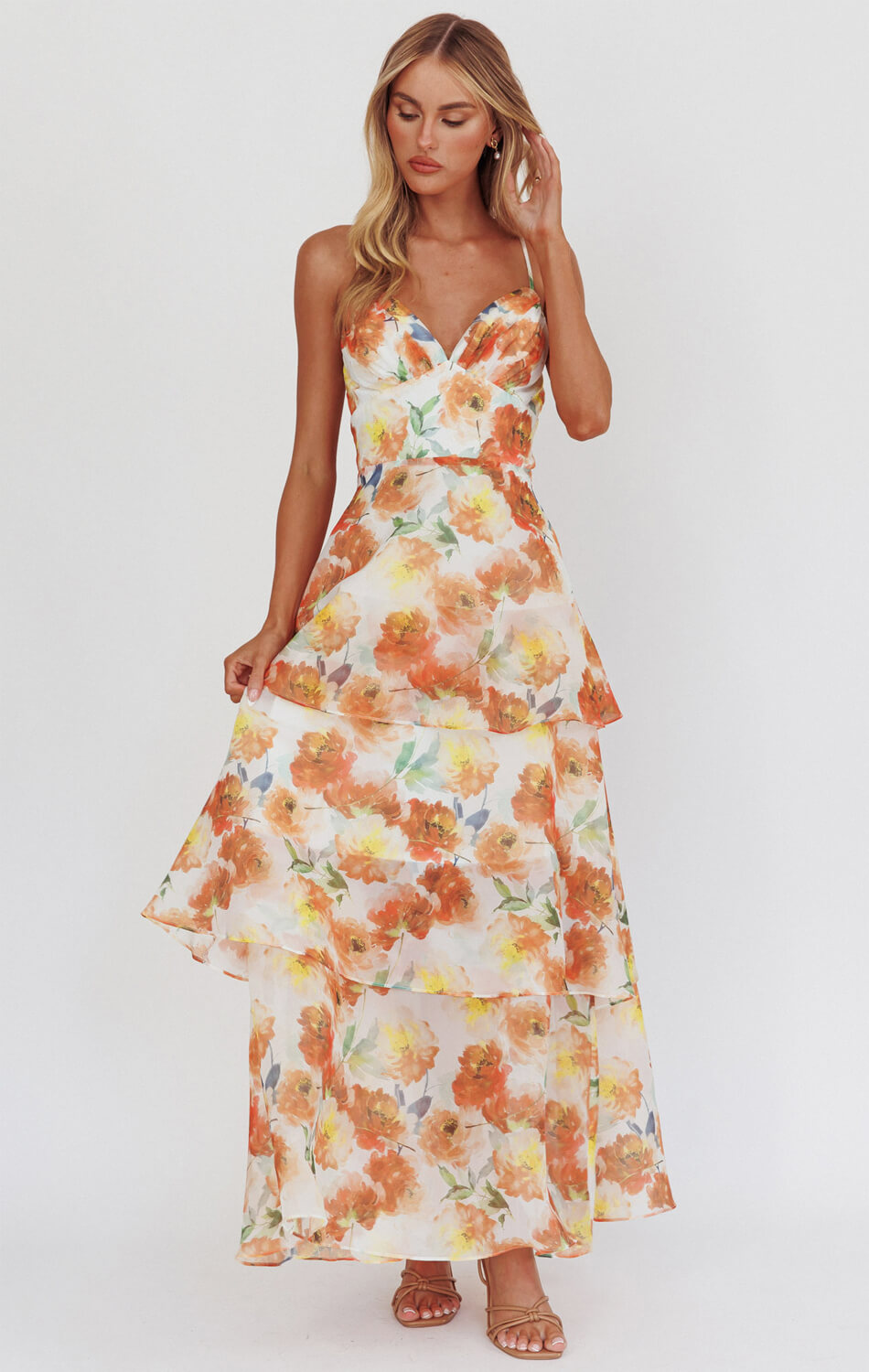 Makenna Maxi Dress - Orange Floral Organza Tiered Summer Dress for Women | Beach Wedding, Vacation & Party Wear