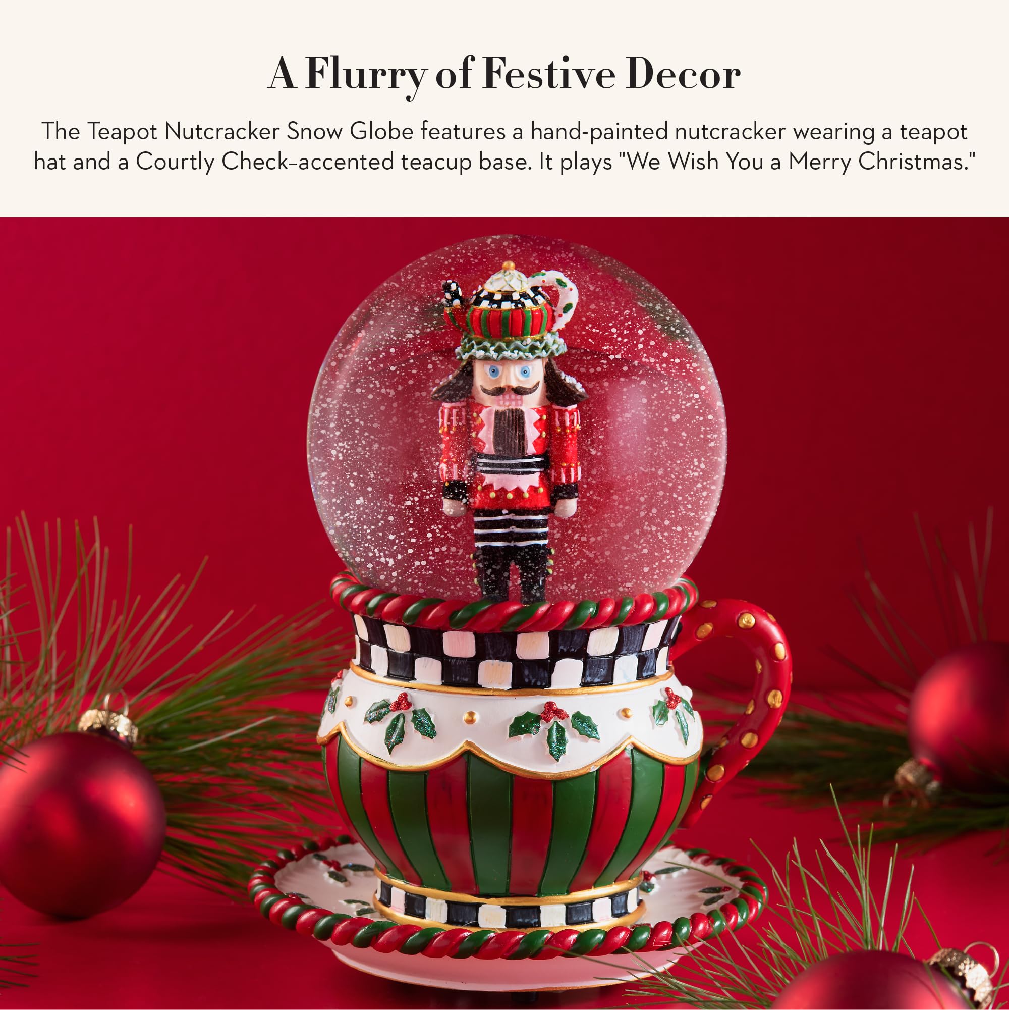 MacKenzie-Childs Snow Globe - Christmas Teapot Nutcracker Ornament for Holiday & Winter Home Decor - Perfect for Living Room, Mantel, and Gift Giving