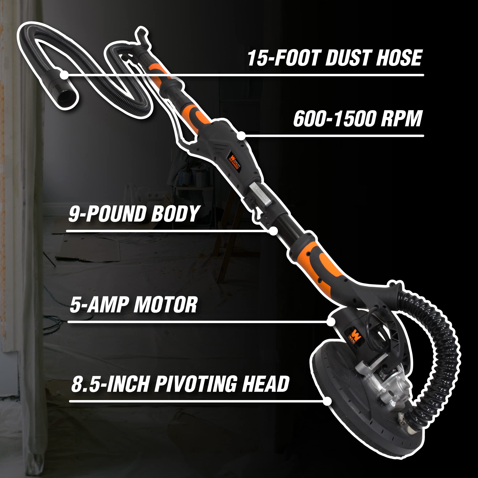 WEN 6369 5 Amp Variable Speed Drywall Sander with Dust Extraction - Includes 240-Grit Sandpaper for Smooth Wall Finishing | Perfect for Home Renovation, Drywall Repair & Professional Construction Projects