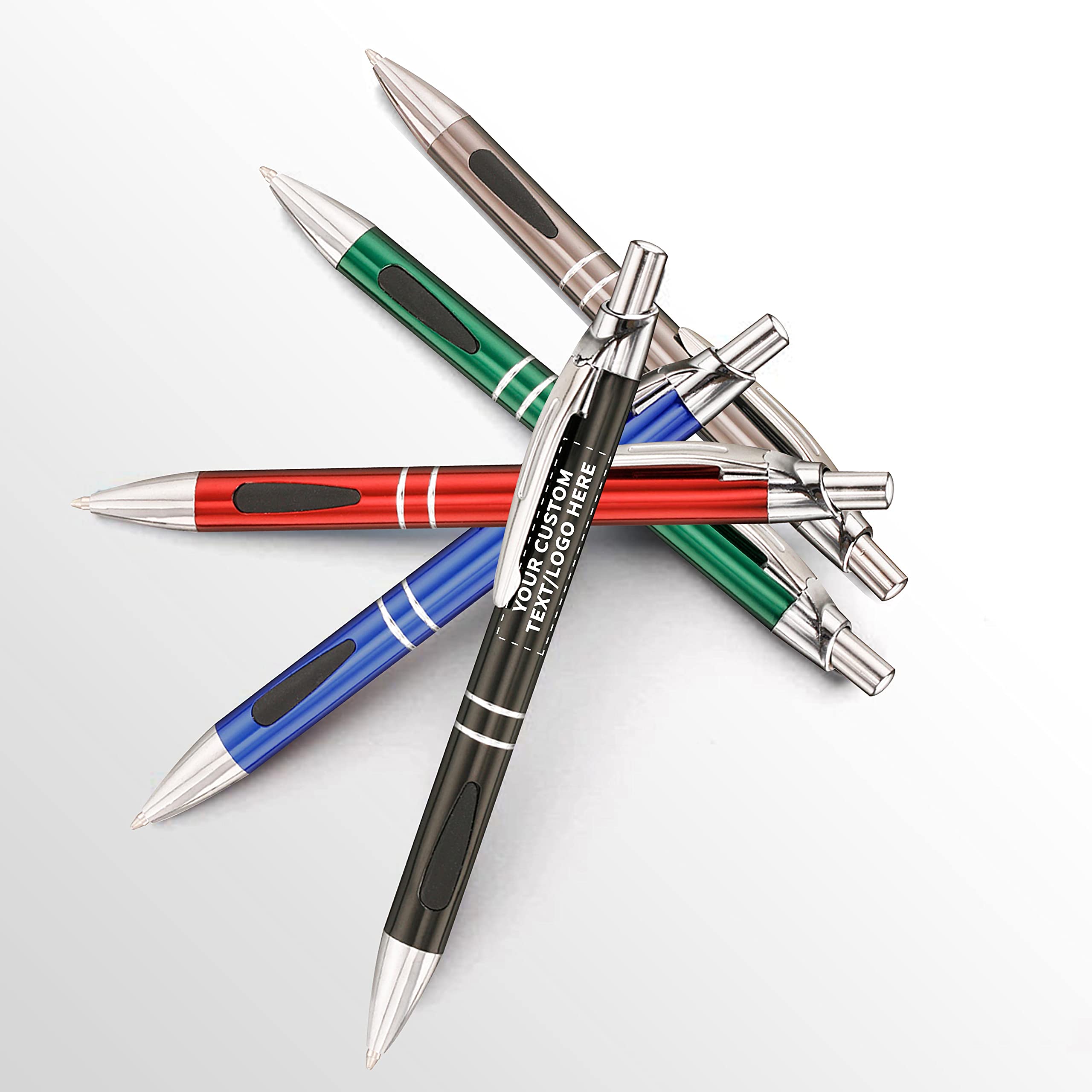 100 Pack Black Ink Metal Pens with Custom Text & Logo - Retractable Ballpoint Pens with Silver Accents - Premium Office & Business Writing Pens for Corporate Gifts, Promotions & Everyday Use