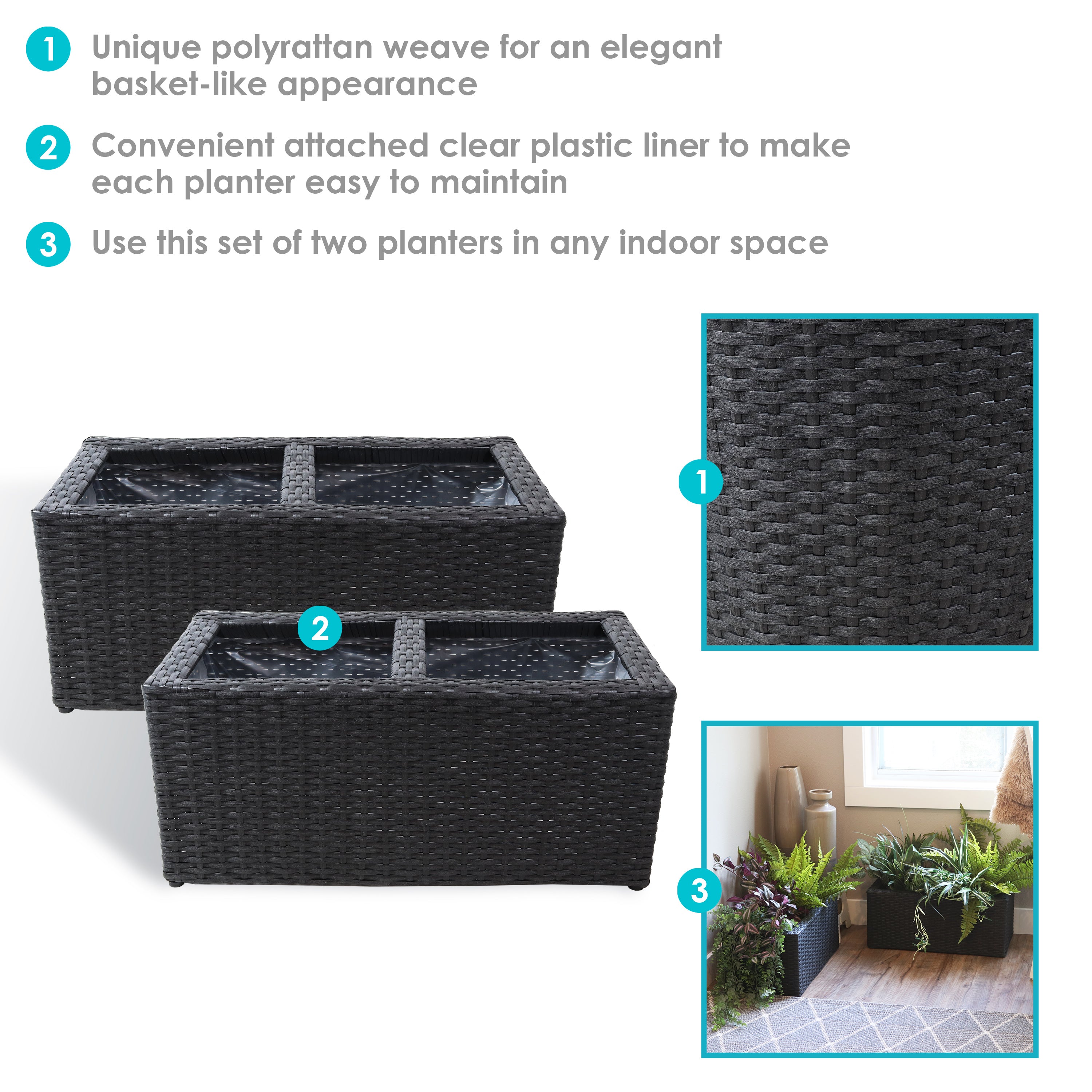Sunnydaze 2-Piece Set of Modern Rectangle Indoor Planters - Durable Polyrattan Material for Home, Office & Garden Decor - Perfect for Living Room, Patio or Balcony Plants