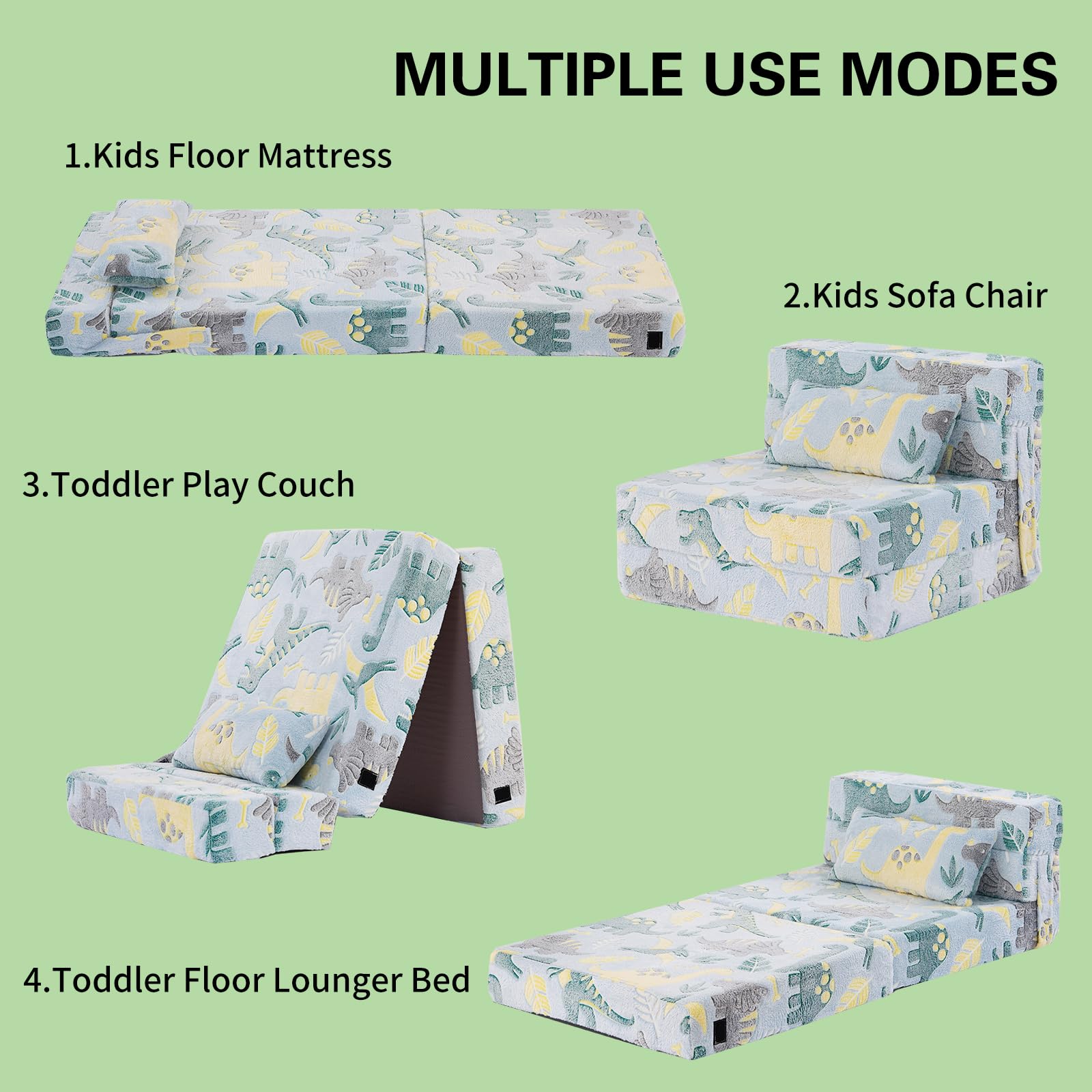 Tiita Kids Folding Sofa Bed - Convertible Toddler Floor Bed & Nap Mat with Storage Bag | Green Dinosaur Design | Perfect for Playrooms, Daycare & Sleepovers