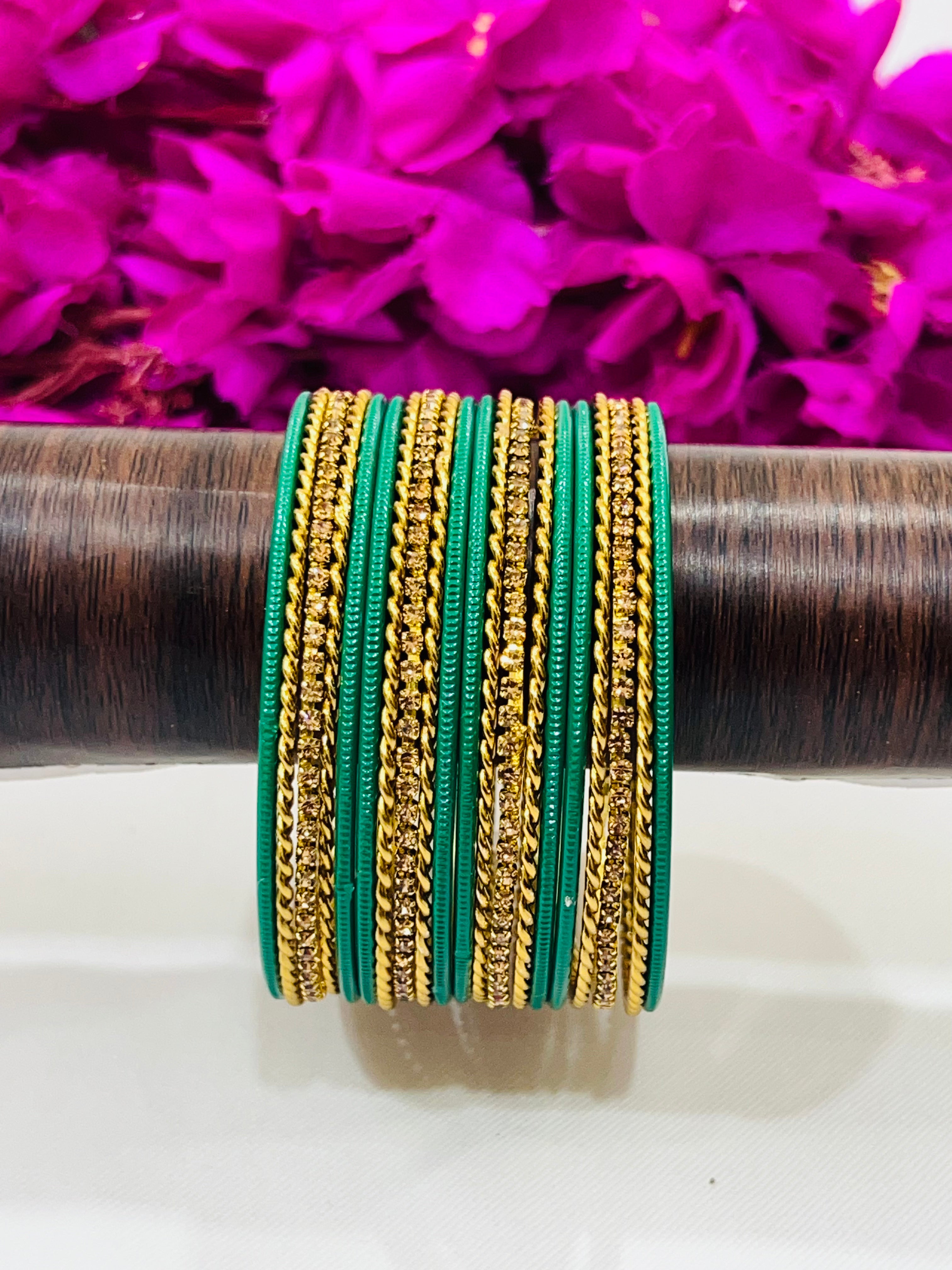 Elegant Light Green Metal Bangles with Sparkling Stones for Women - Perfect for Parties, Weddings & Everyday Fashion Accessories